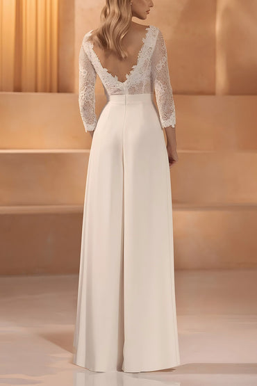 V-Neck Floor Length Lace Chiffon Wedding Jumpsuit CW3561