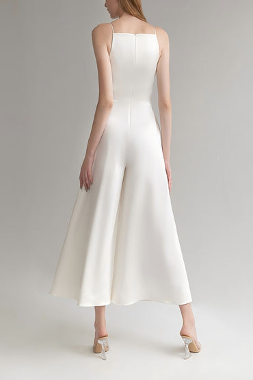 V-Neck Tea Length Stretch Satin Wedding Jumpsuit CW3563