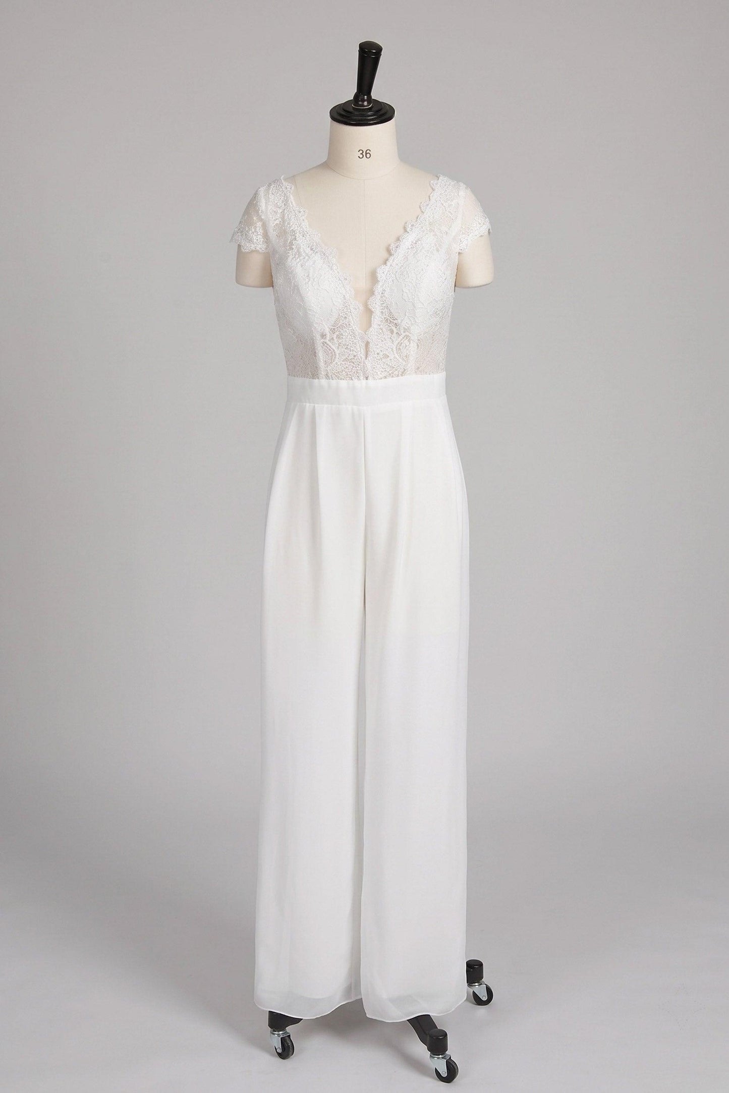 V-Neck Floor Length Lace Chiffon Wedding Jumpsuit CW3569 - 20 Days / As Picture:Ivory/Champagne / US0-UK2-EUR30 - COCOMELODY