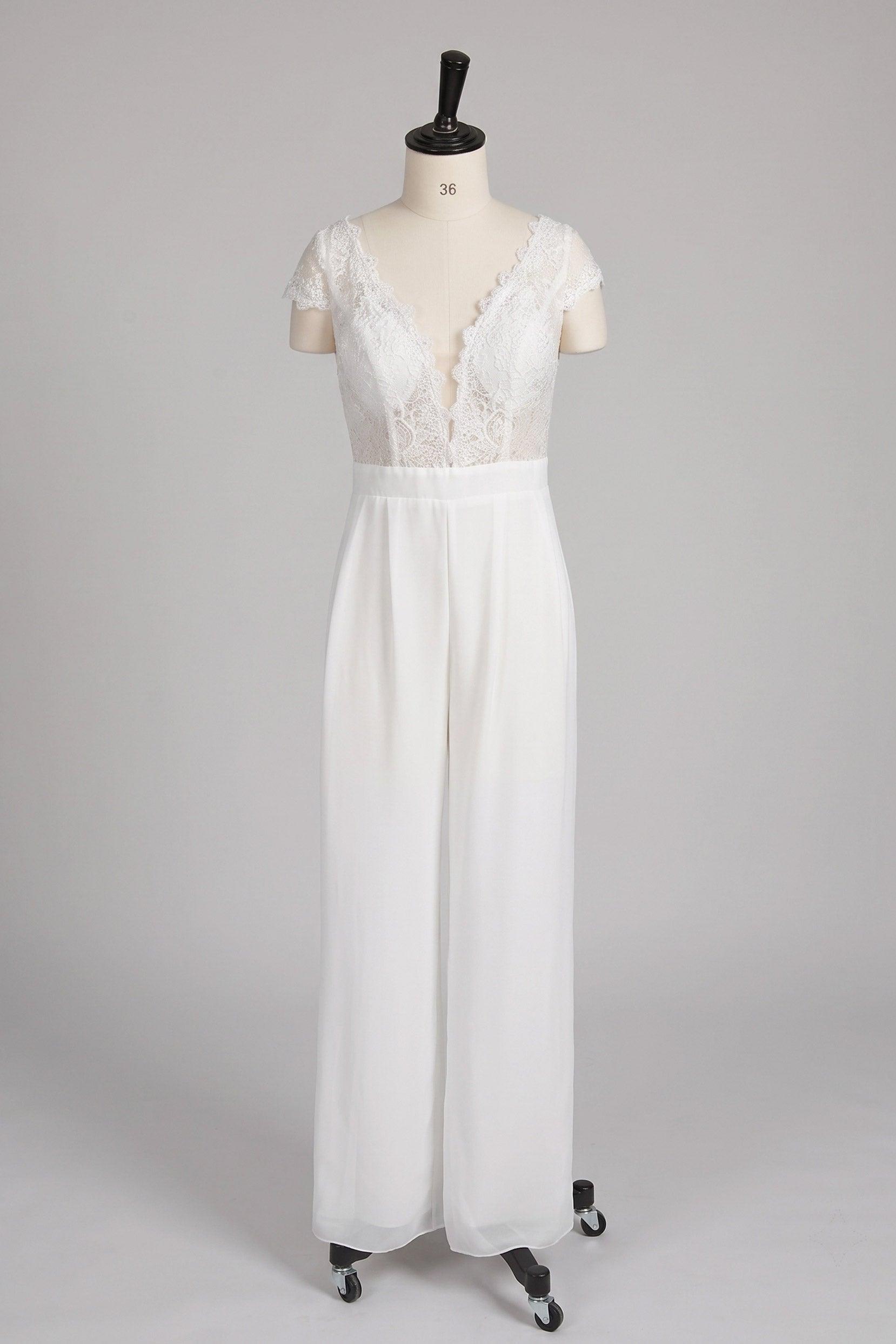 V-Neck Floor Length Lace Chiffon Wedding Jumpsuit CW3569 - 20 Days / As Picture:Ivory/Champagne / US0-UK2-EUR30 - COCOMELODY
