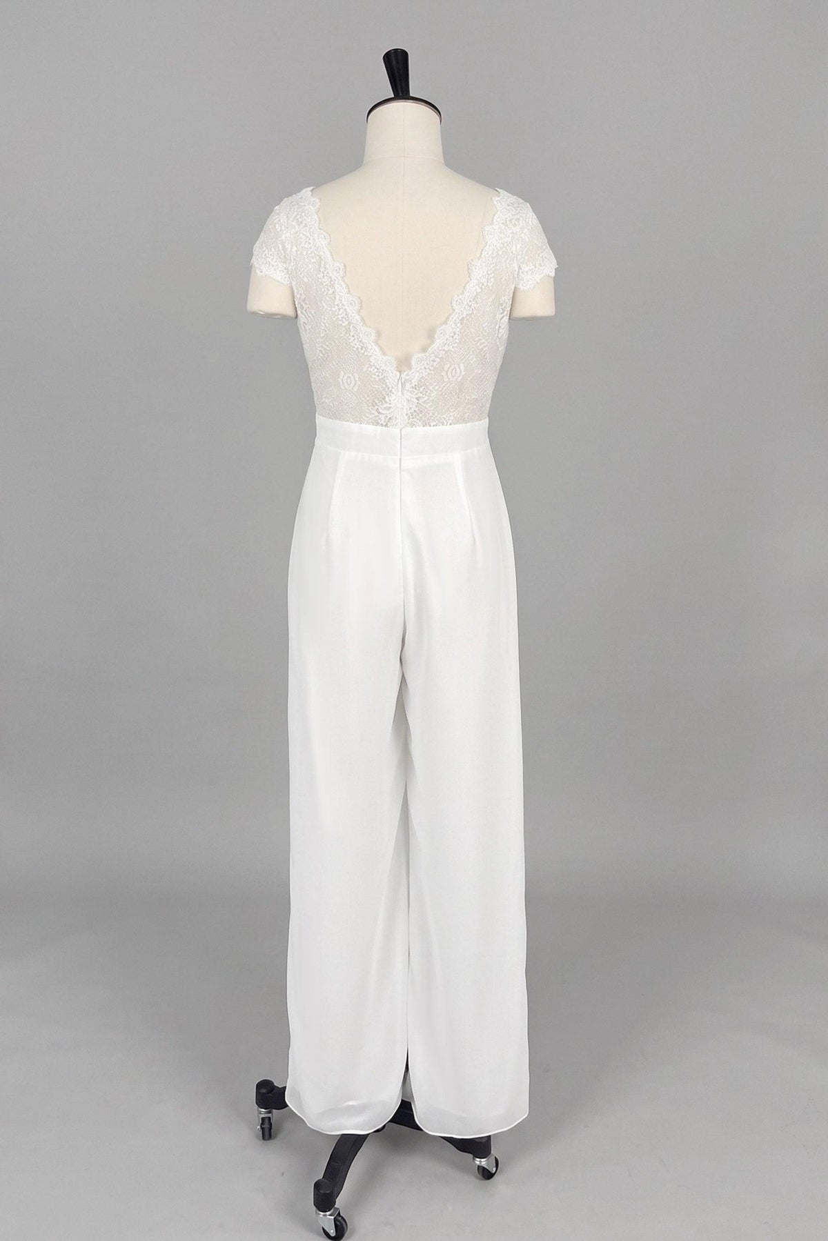 V-Neck Floor Length Lace Chiffon Wedding Jumpsuit CW3569 - 20 Days / As Picture:Ivory/Champagne / US0-UK2-EUR30 - COCOMELODY