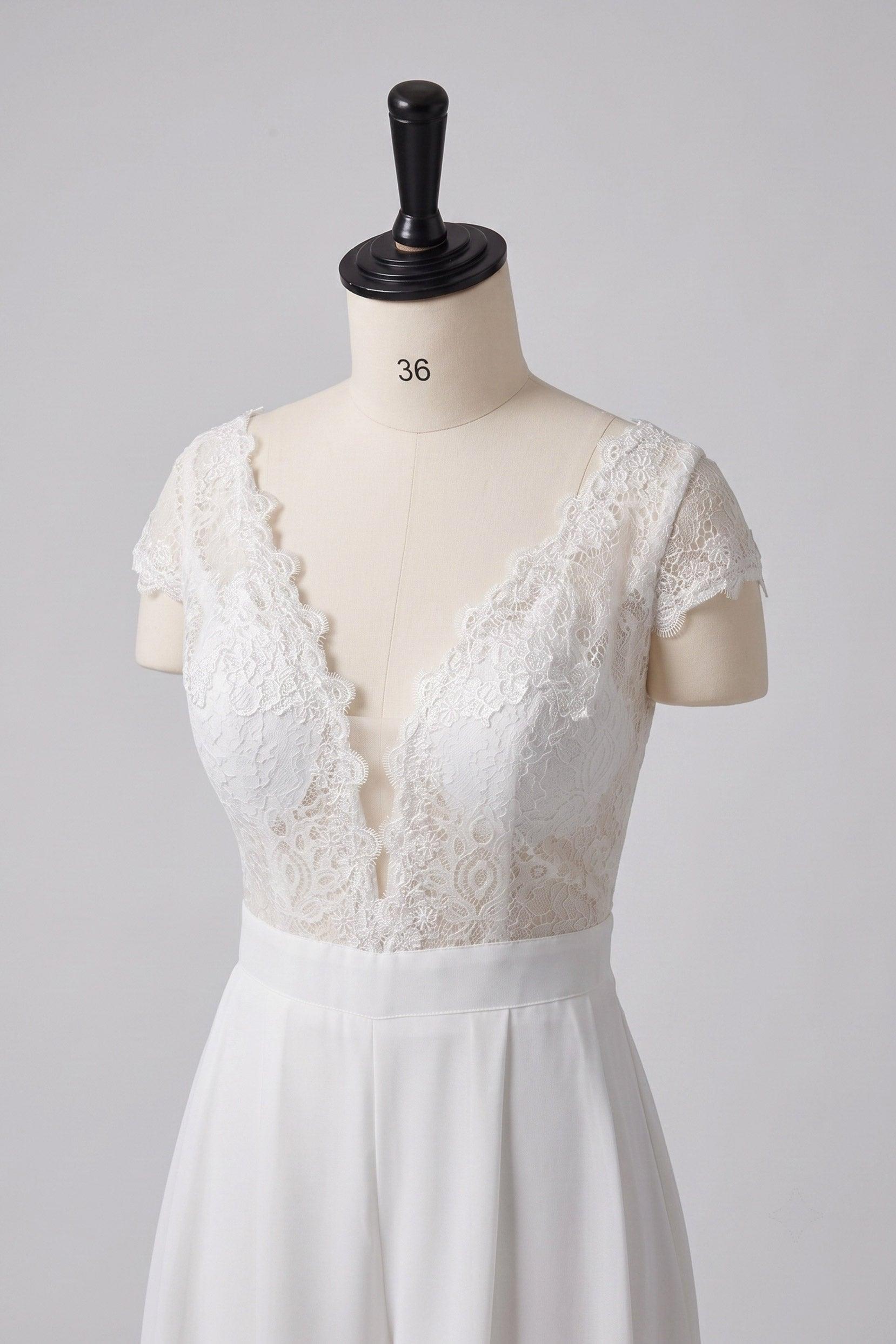 V-Neck Floor Length Lace Chiffon Wedding Jumpsuit CW3569 - 20 Days / As Picture:Ivory/Champagne / US0-UK2-EUR30 - COCOMELODY