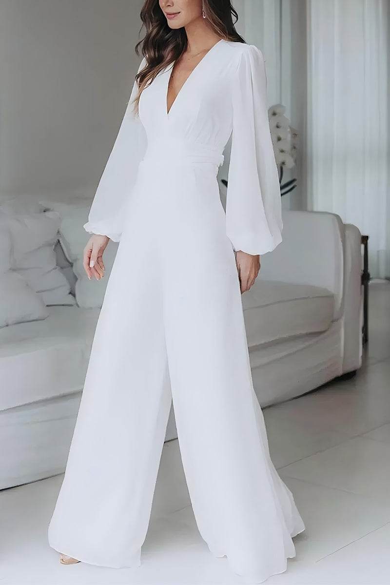 V-Neck Floor Length Chiffon Wedding Jumpsuit CW3573 - COCOMELODY