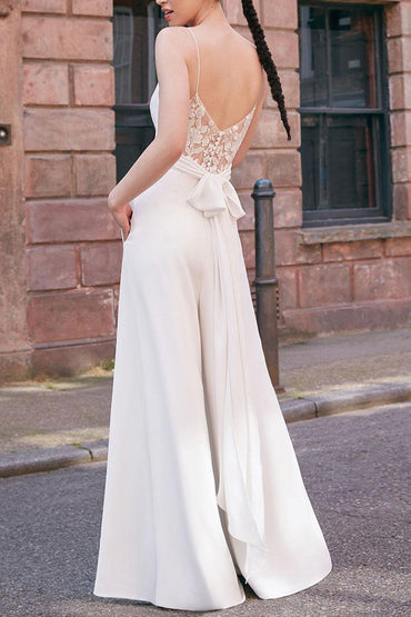 V-Neck Floor Length Chiffon Wedding Jumpsuit CW3576