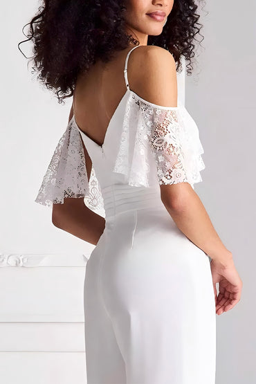 V-Neck Floor Length Lace Chiffon Wedding Jumpsuit CW3578