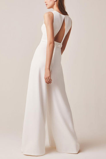 Bateau Floor Length Chiffon Wedding Jumpsuit CW3579