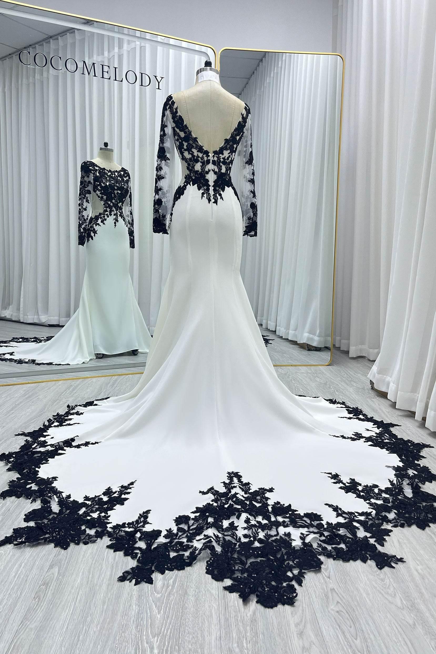 white wedding dress with black trim Black and White Wedding Dresses