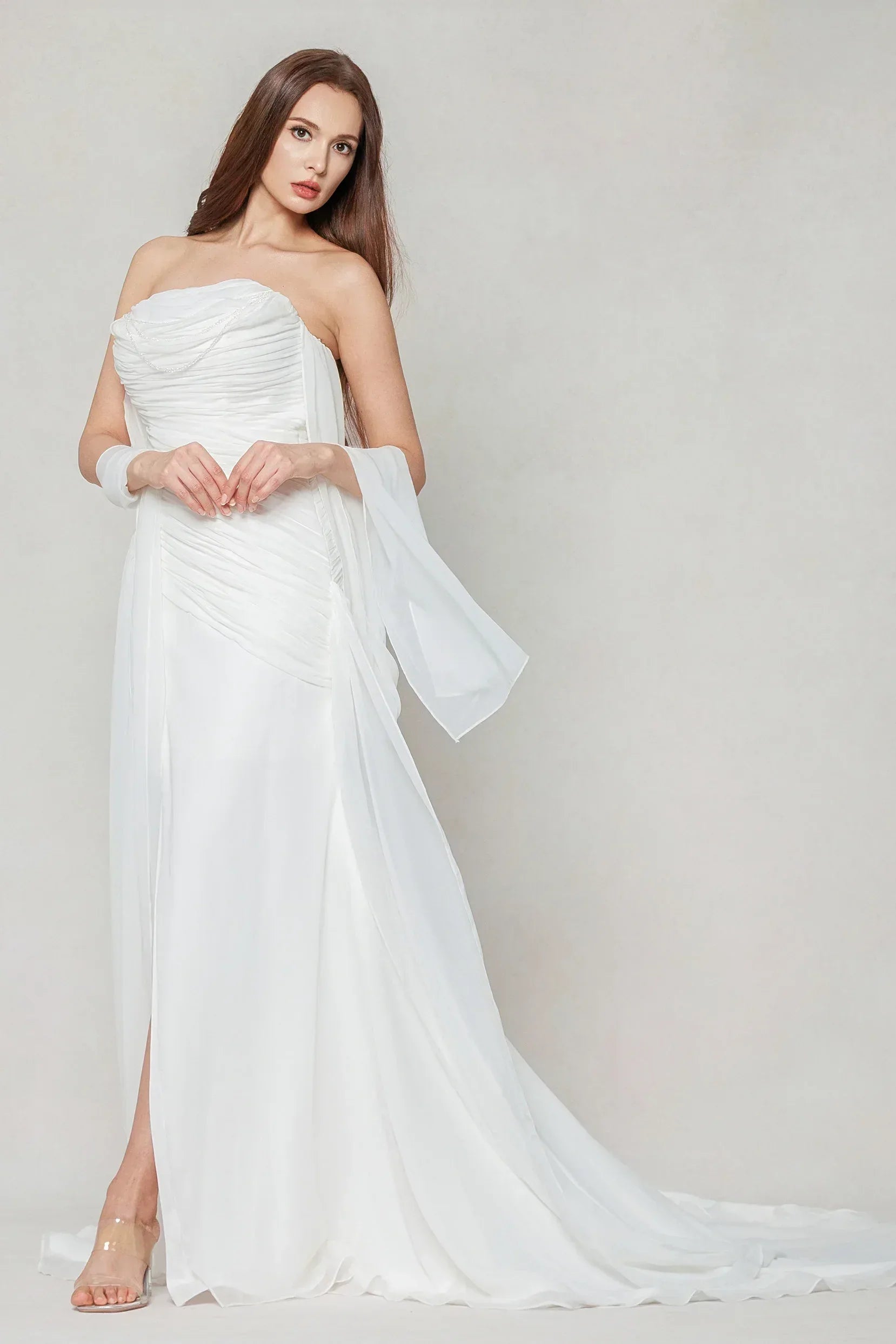 Sheath-Column Chapel Train Chiffon Wedding Dress CW3592 - COCOMELODY