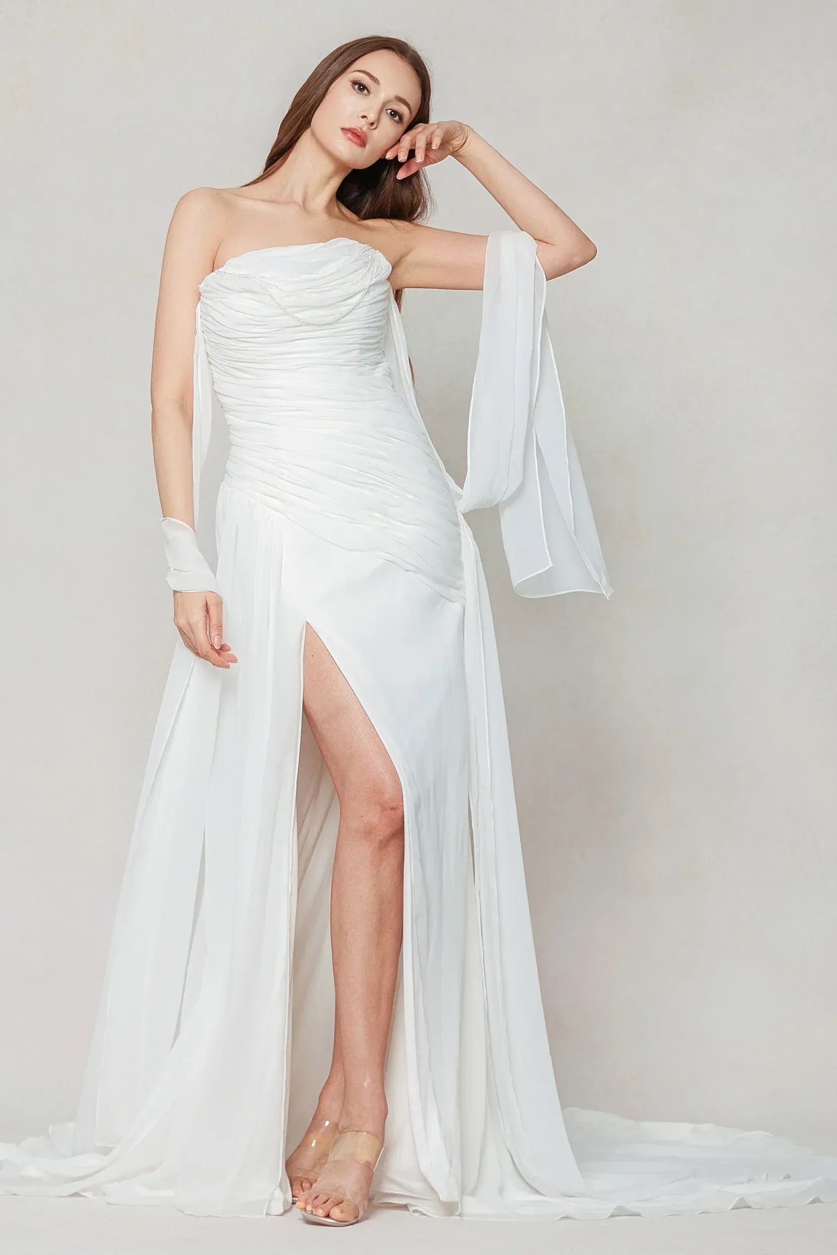 Sheath-Column Chapel Train Chiffon Wedding Dress CW3592 - COCOMELODY