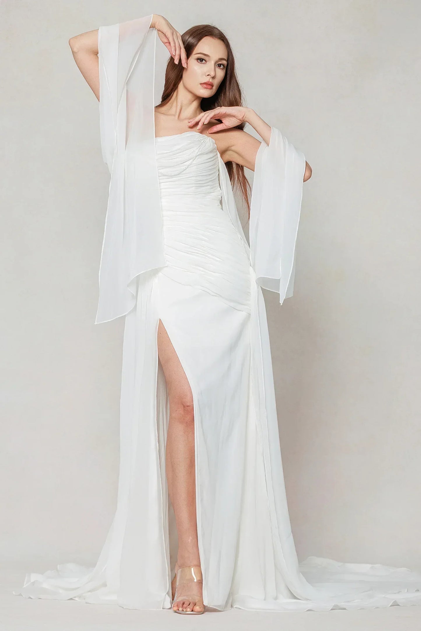 Sheath-Column Chapel Train Chiffon Wedding Dress CW3592 - COCOMELODY