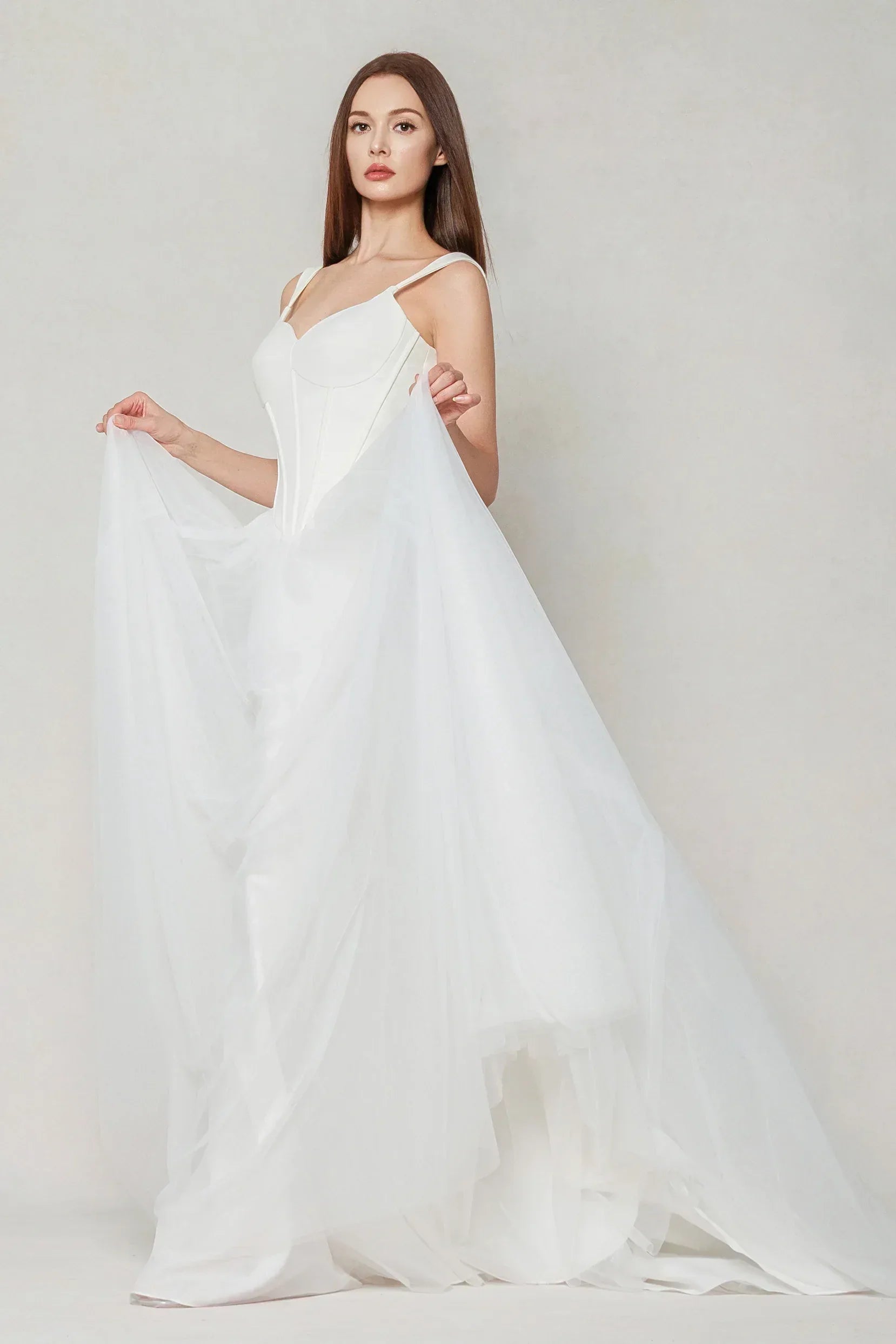 A-Line Sweep-Brush Train Stretch Satin Tulle Wedding Dress CW3595 - COCOMELODY