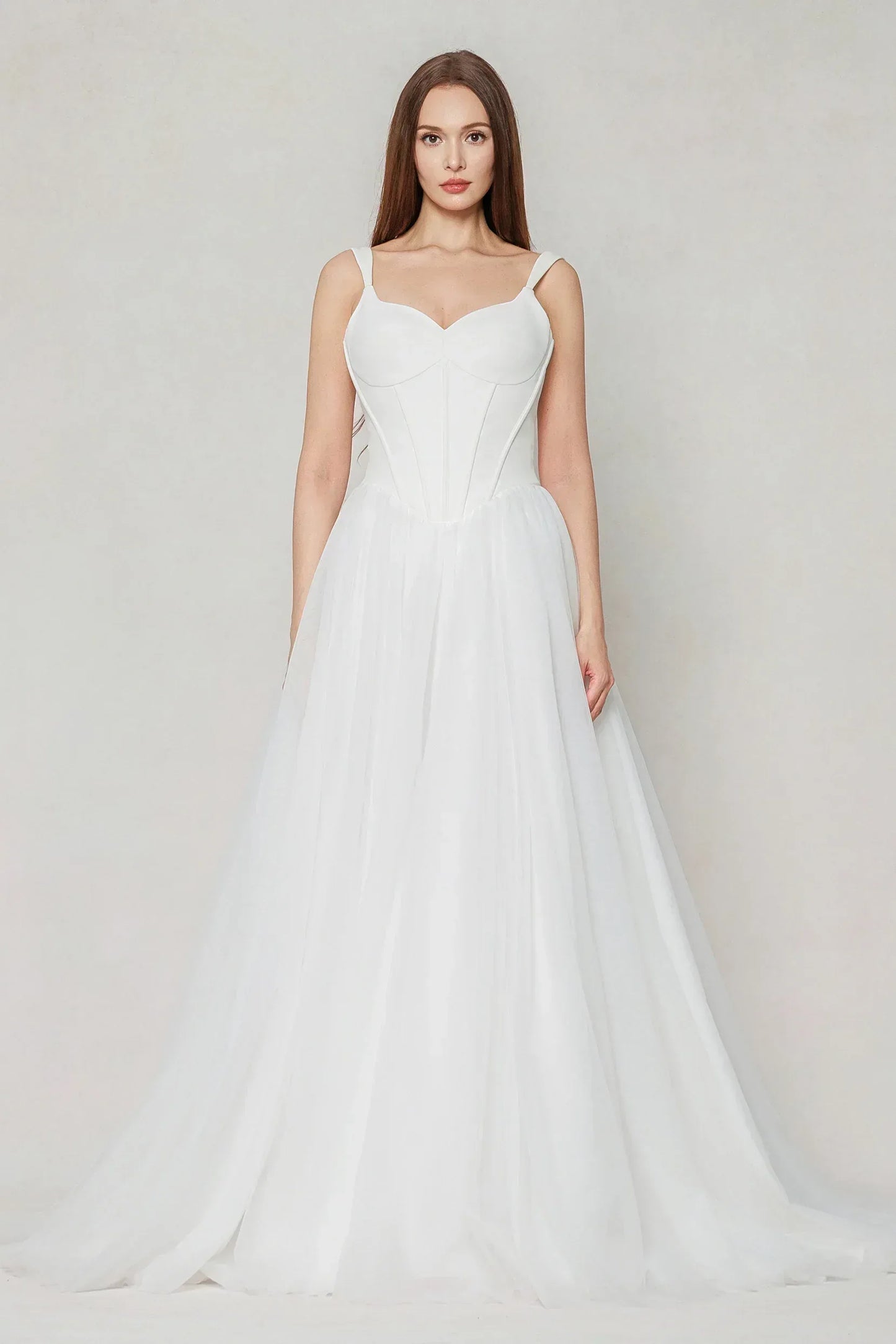 A-Line Sweep-Brush Train Stretch Satin Tulle Wedding Dress CW3595 - COCOMELODY