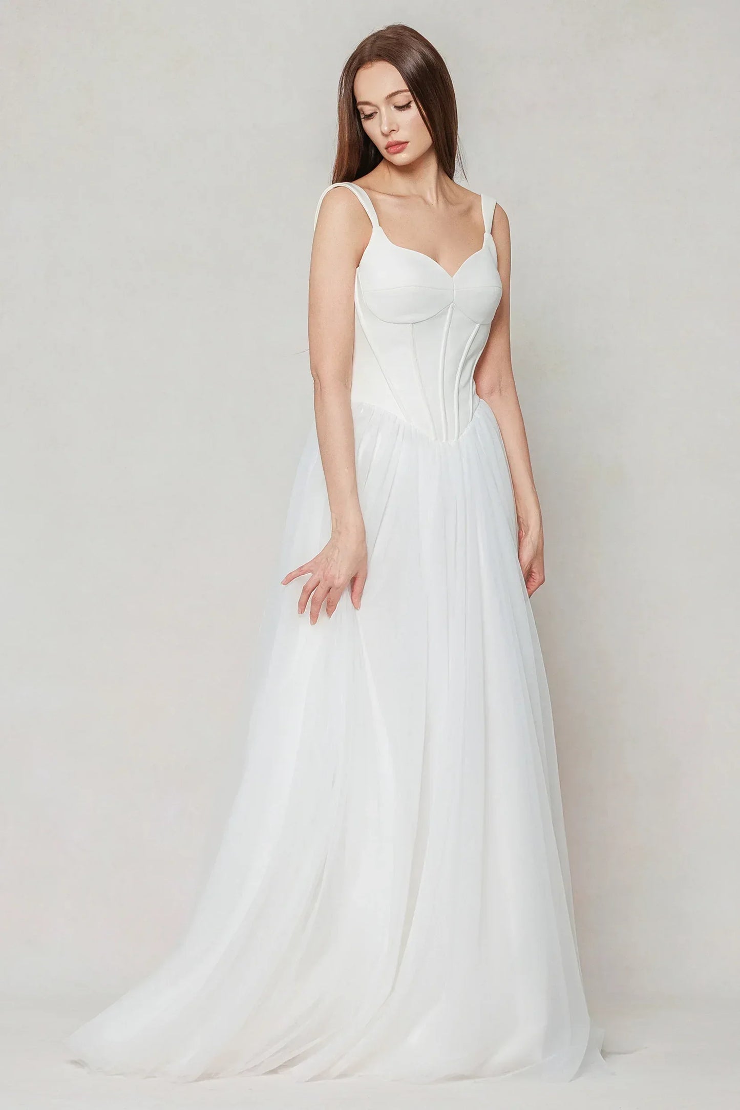 A-Line Sweep-Brush Train Stretch Satin Tulle Wedding Dress CW3595 - COCOMELODY