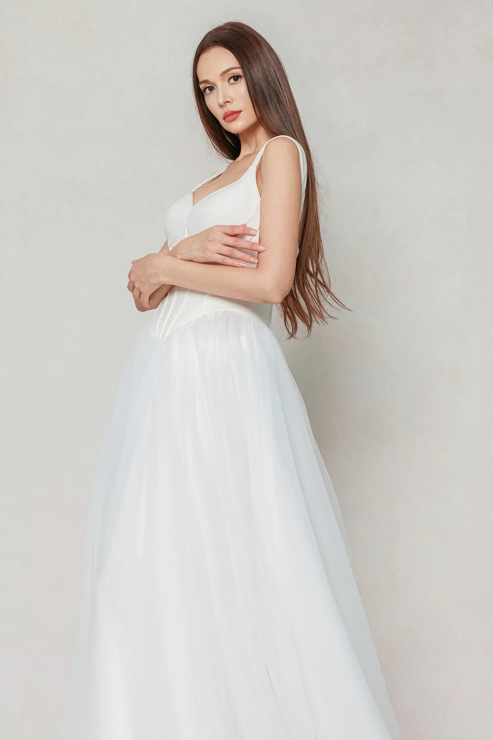 A-Line Sweep-Brush Train Stretch Satin Tulle Wedding Dress CW3595 - COCOMELODY