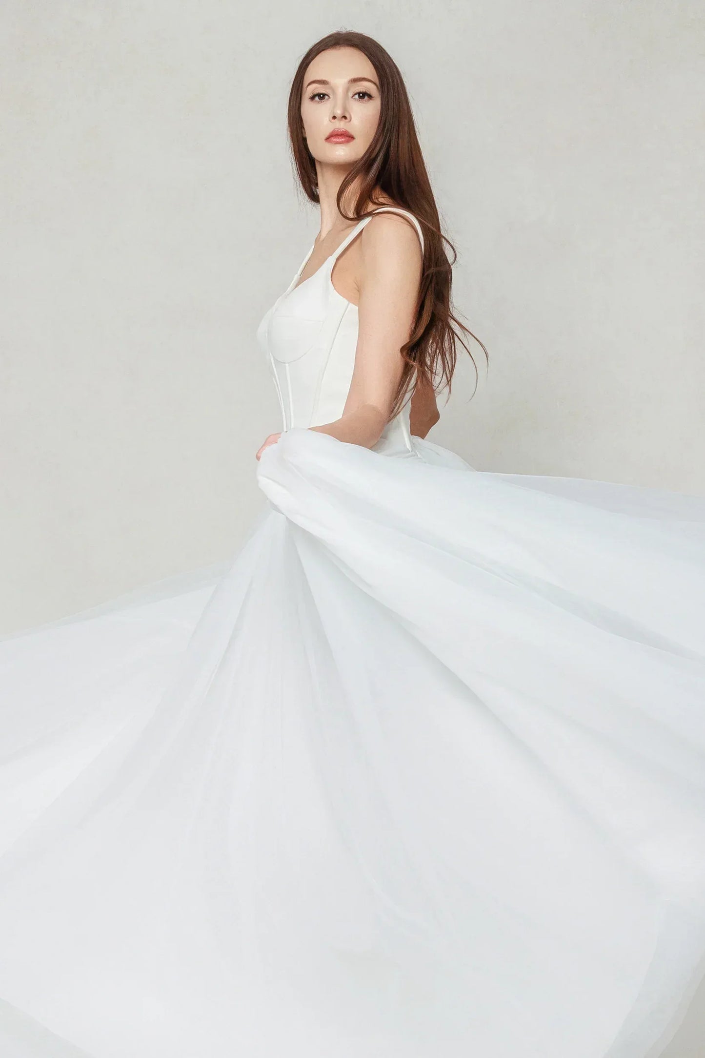 A-Line Sweep-Brush Train Stretch Satin Tulle Wedding Dress CW3595 - COCOMELODY