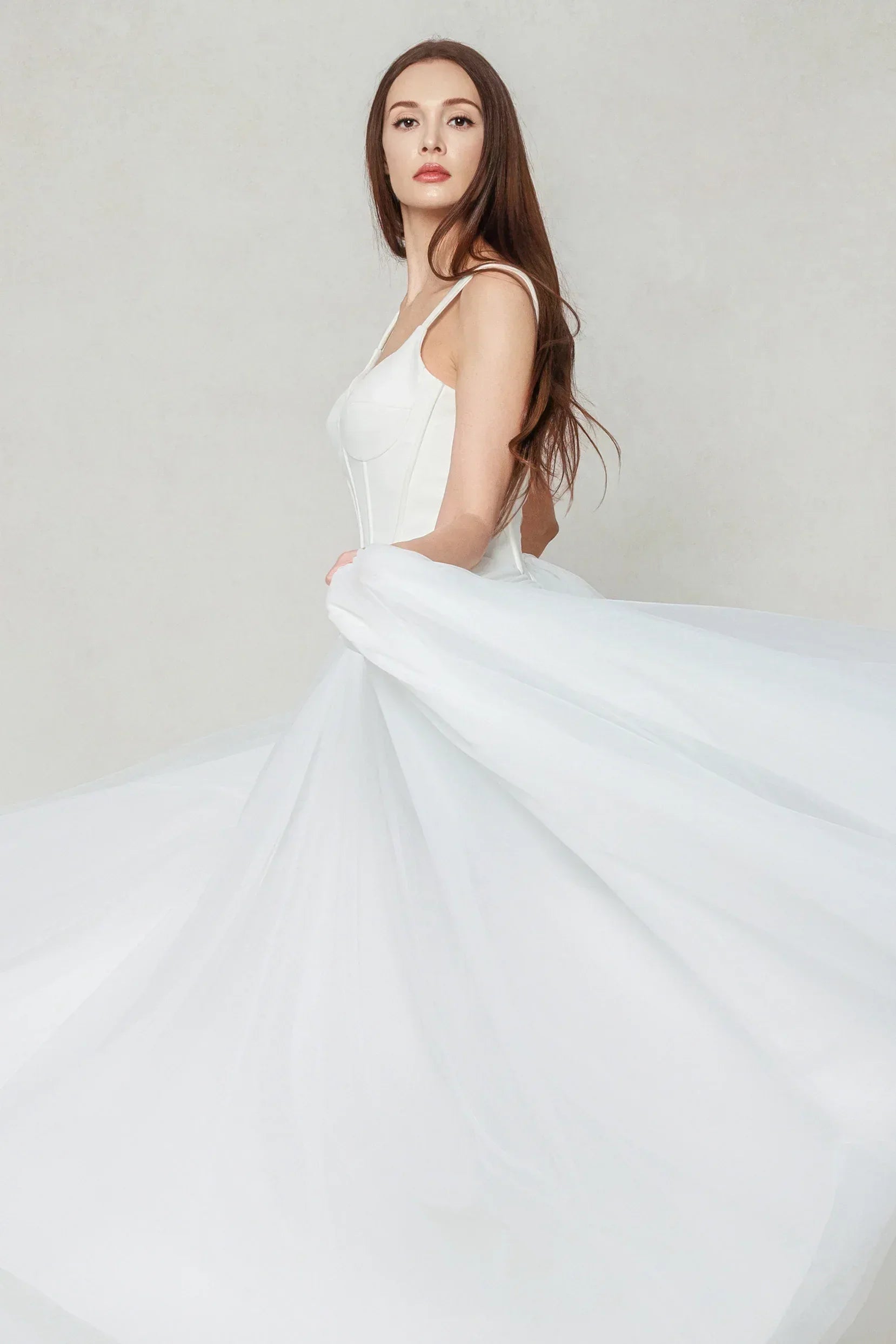 A-Line Sweep-Brush Train Stretch Satin Tulle Wedding Dress CW3595 - COCOMELODY