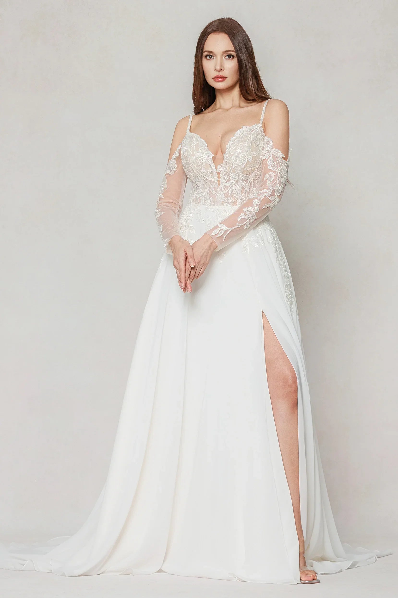 A-Line Court Train Lace Chiffon Wedding Dress Appliques Beading COCOMELODY CW3602, 45 Days / As Picture:Ivory/Nude / US8-UK10-EUR38