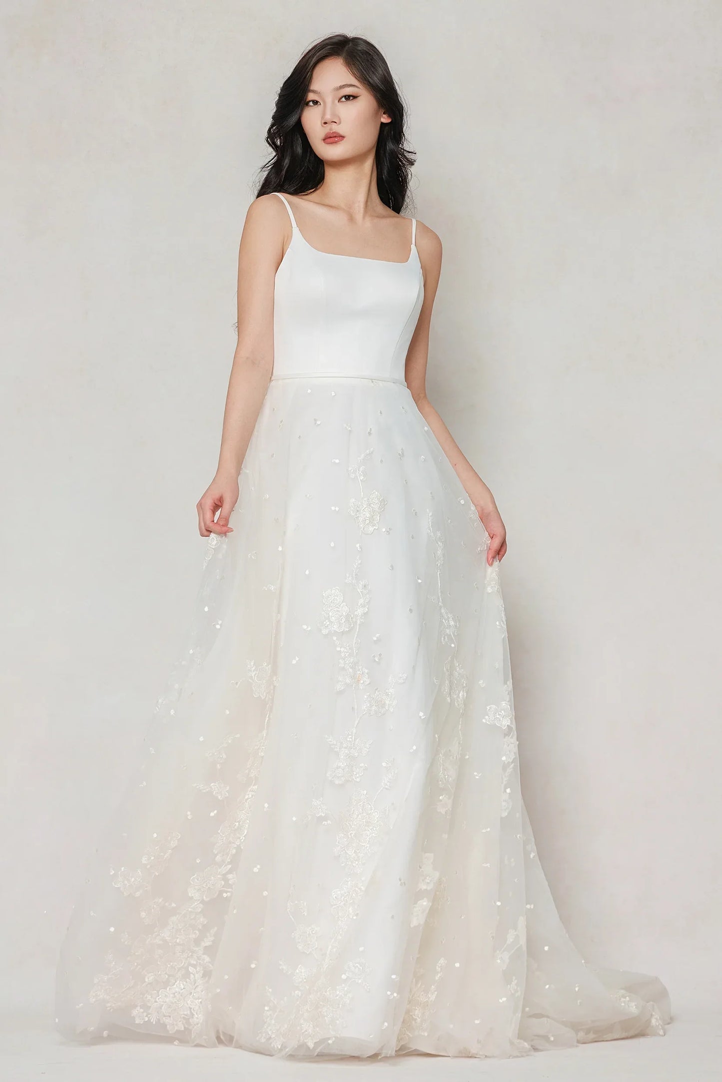 A-Line Court Train Stretch Satin Tulle Wedding Dress CW3603 - COCOMELODY