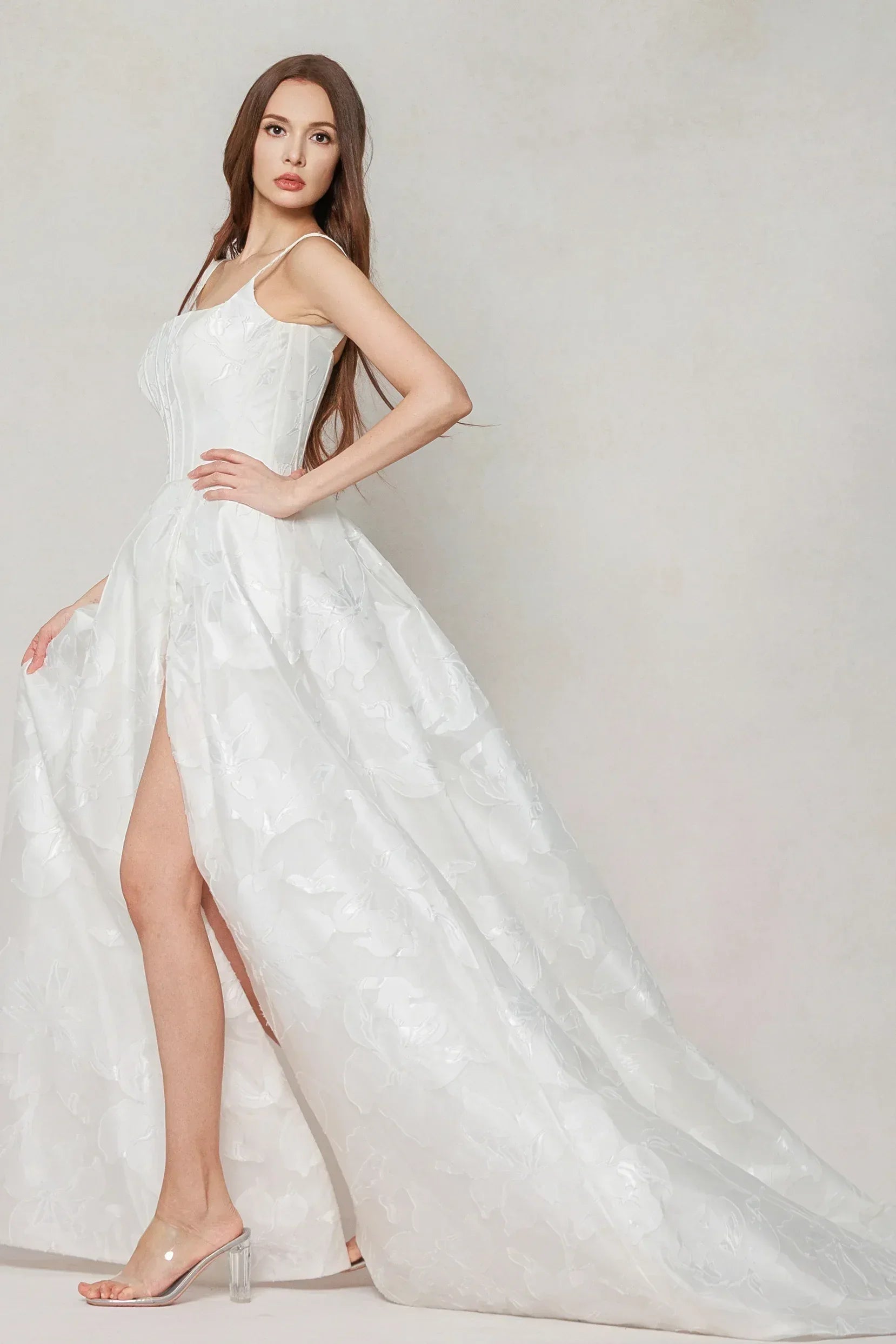 A-Line Court Train Jacquard Satin Wedding Dress CW3621 - COCOMELODY