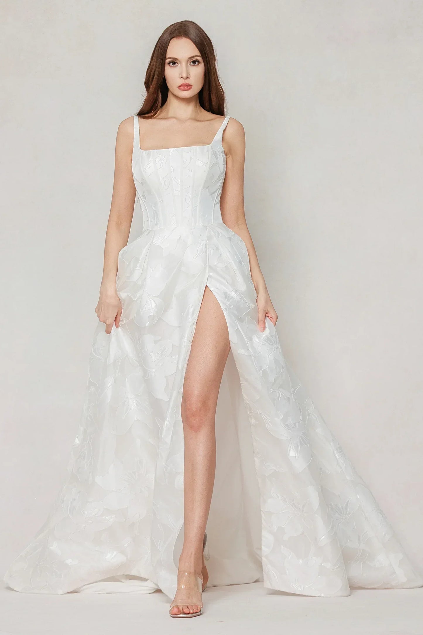 A-Line Court Train Jacquard Satin Wedding Dress CW3621 - COCOMELODY
