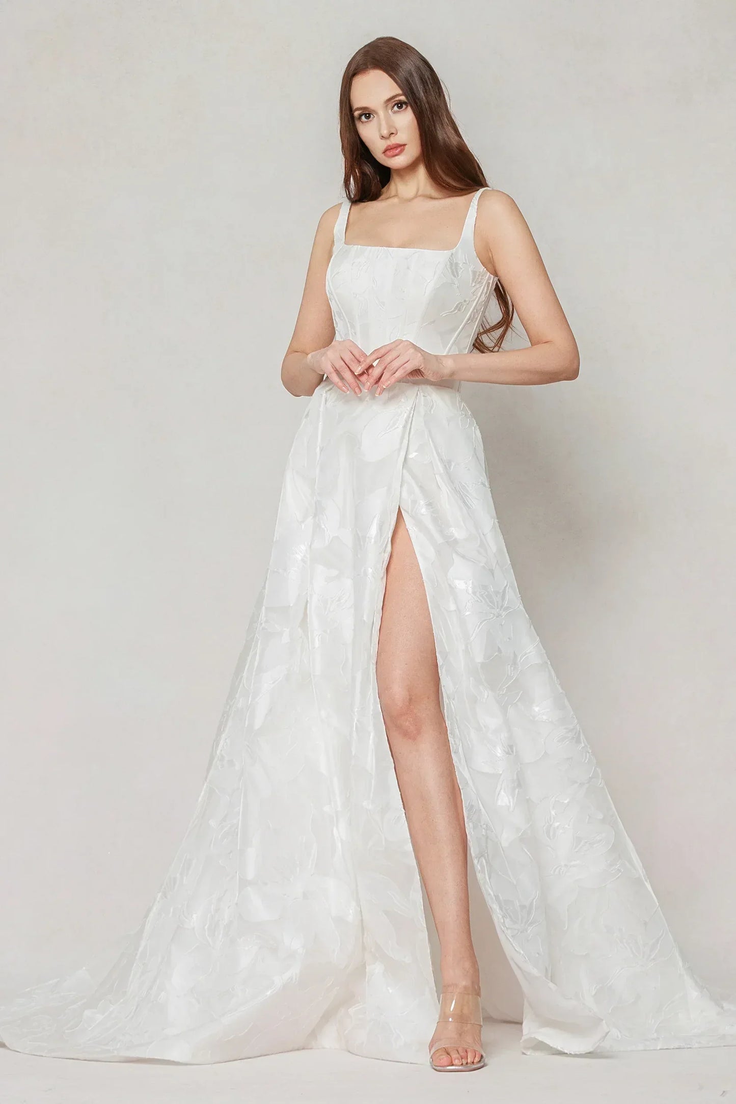A-Line Court Train Jacquard Satin Wedding Dress CW3621 - COCOMELODY