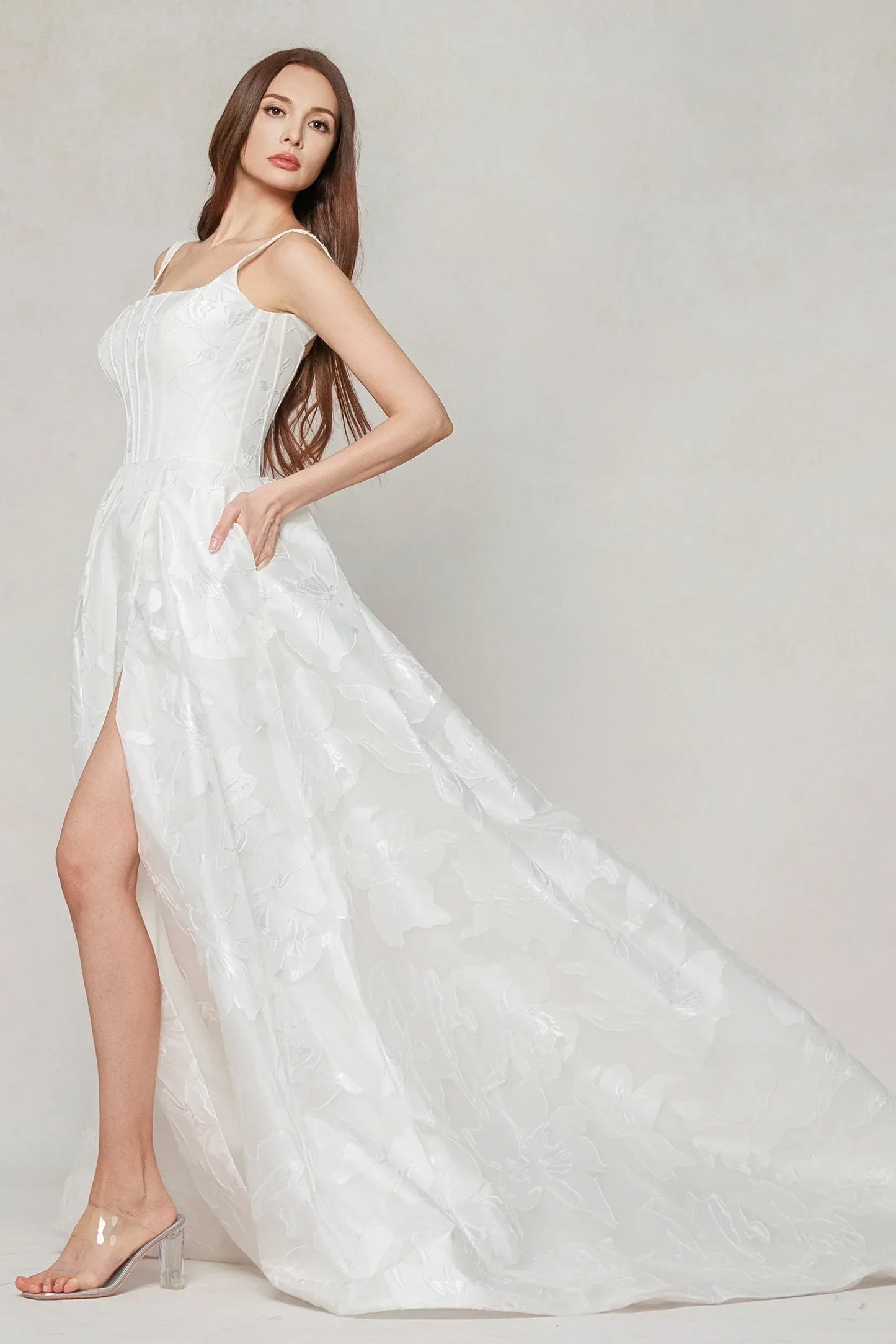 A-Line Court Train Jacquard Satin Wedding Dress CW3621 - COCOMELODY