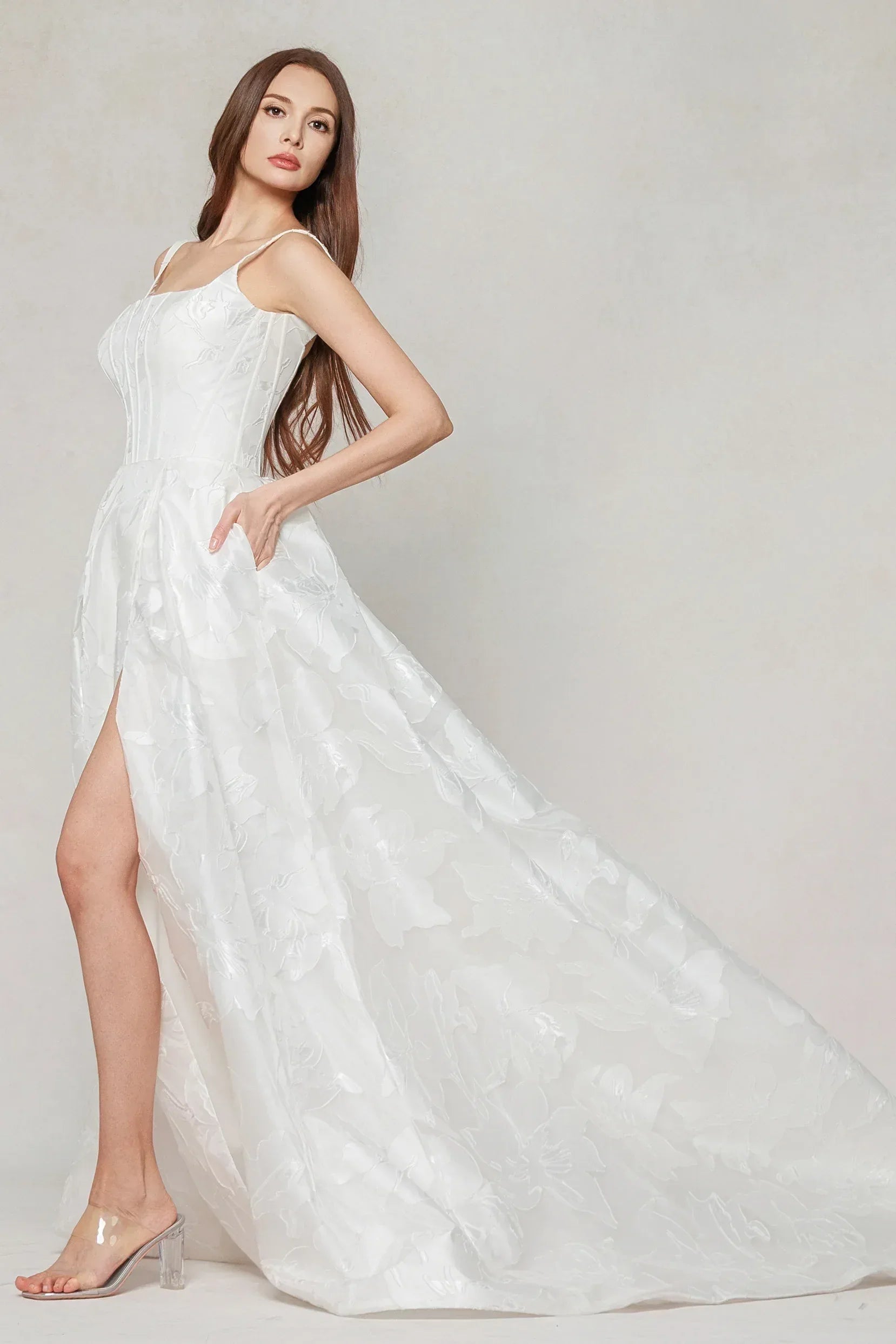 A-Line Court Train Jacquard Satin Wedding Dress CW3621 - COCOMELODY