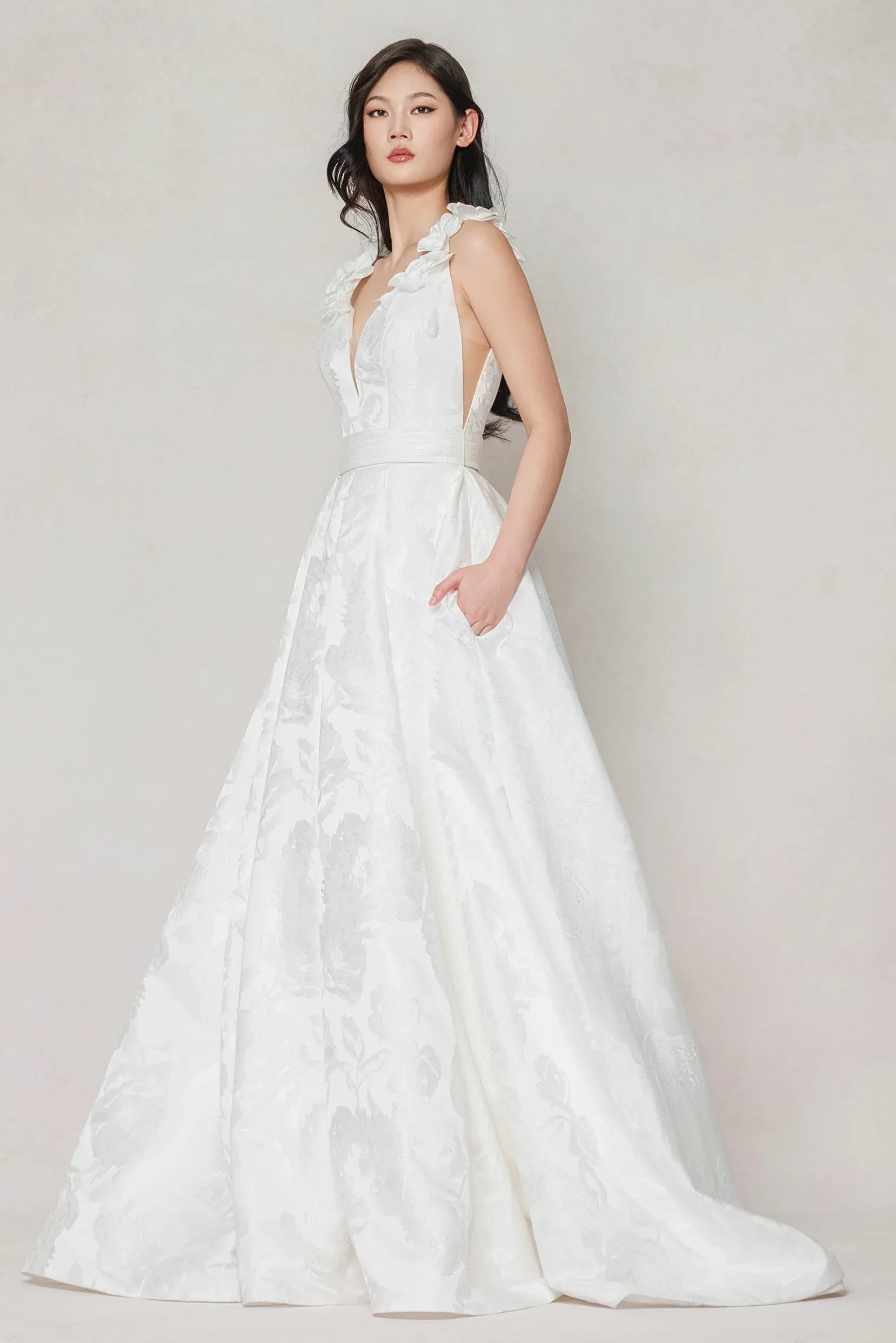 A-Line Court Train Jacquard Satin Wedding Dress CW3622 - COCOMELODY