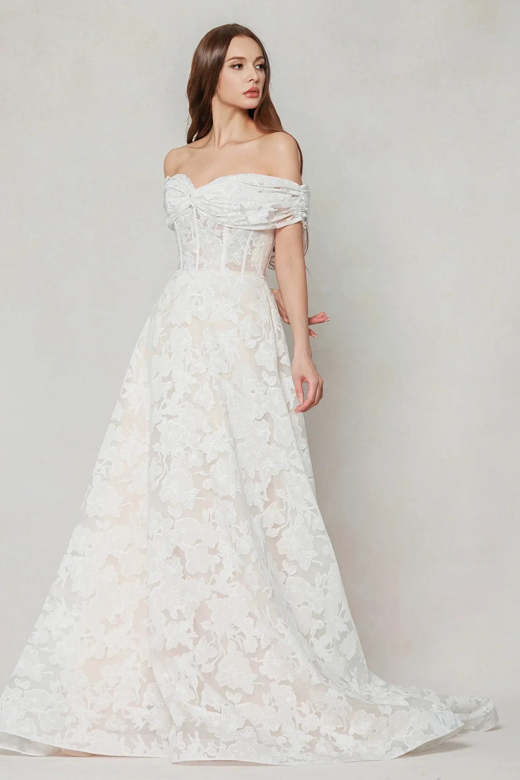 A-Line Court Train Gauze Broche Wedding Dress CW3623 - COCOMELODY
