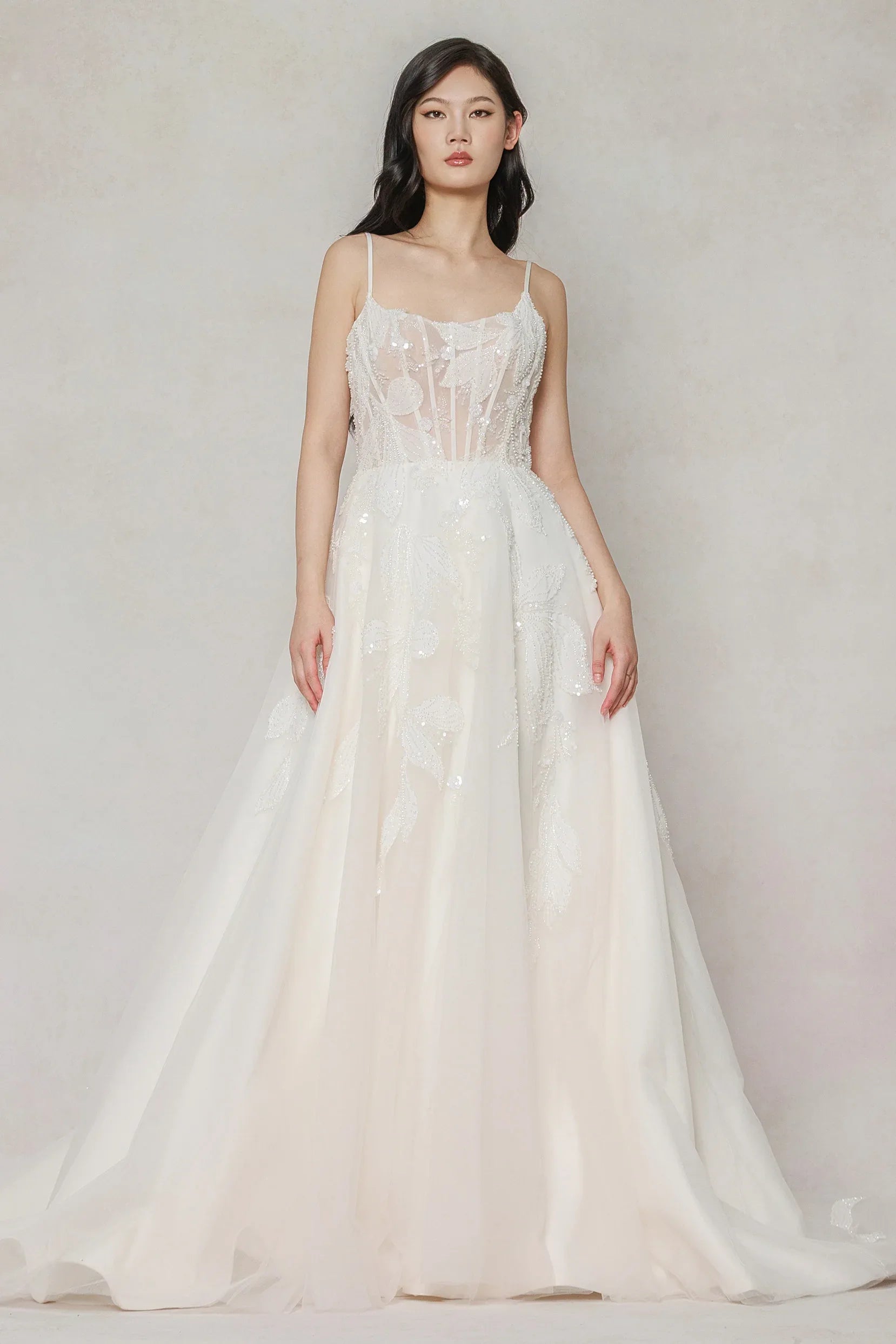 Square Neck A-Line Wedding Dress Tulle Appliques Beading Bridal Gown Court Train COCOMELODY CW3640, 45 Days / Ivory / US2-UK4-EUR32