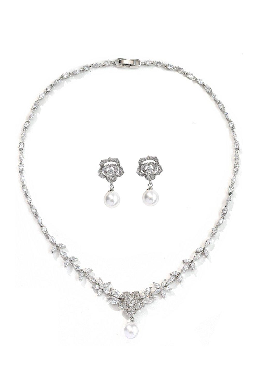 Alloy Zircon Pearl Necklace Earrings Jewelry CY0093