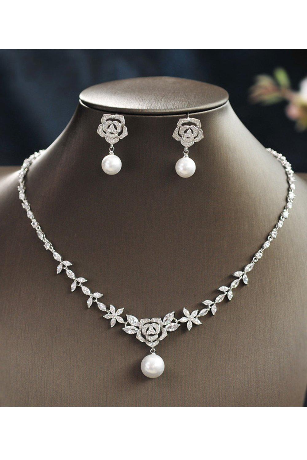 Alloy Zircon Pearl Necklace Earrings Jewelry CY0093