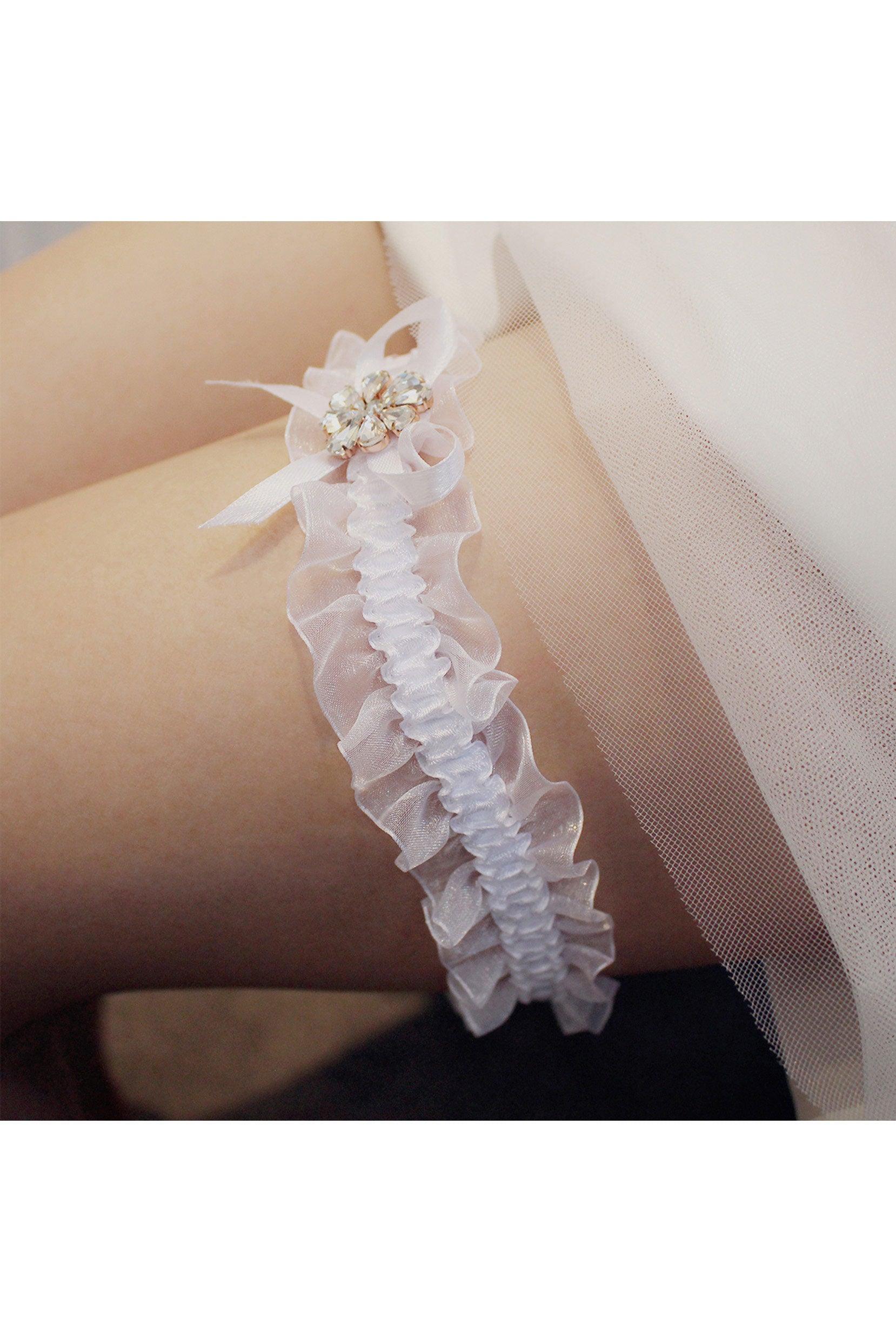Lace Wedding Garter with Diamond and Ribbon Bows CZ0321 - COCOMELODY