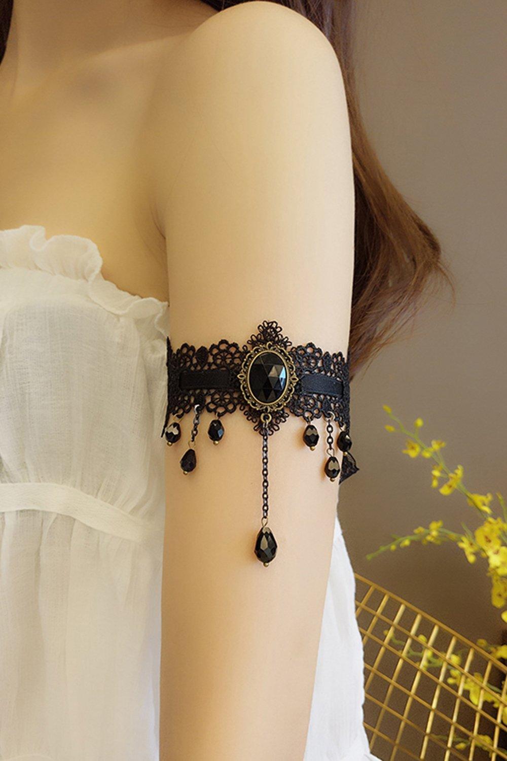 Black Lace Armlet with Crystals Sashes and Tassel CZ0329 - COCOMELODY