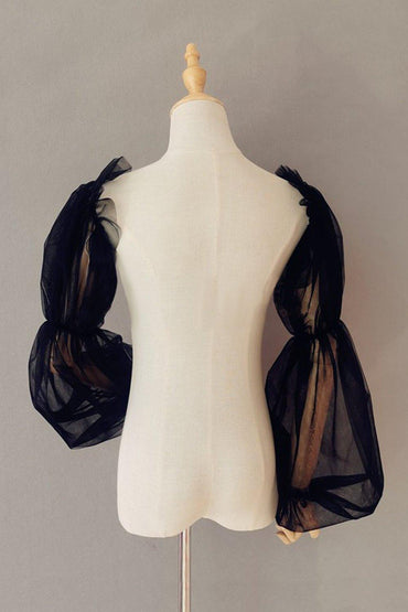 Black Tulle Detachable Long Sleeves with Ruched CZ0332 - COCOMELODY