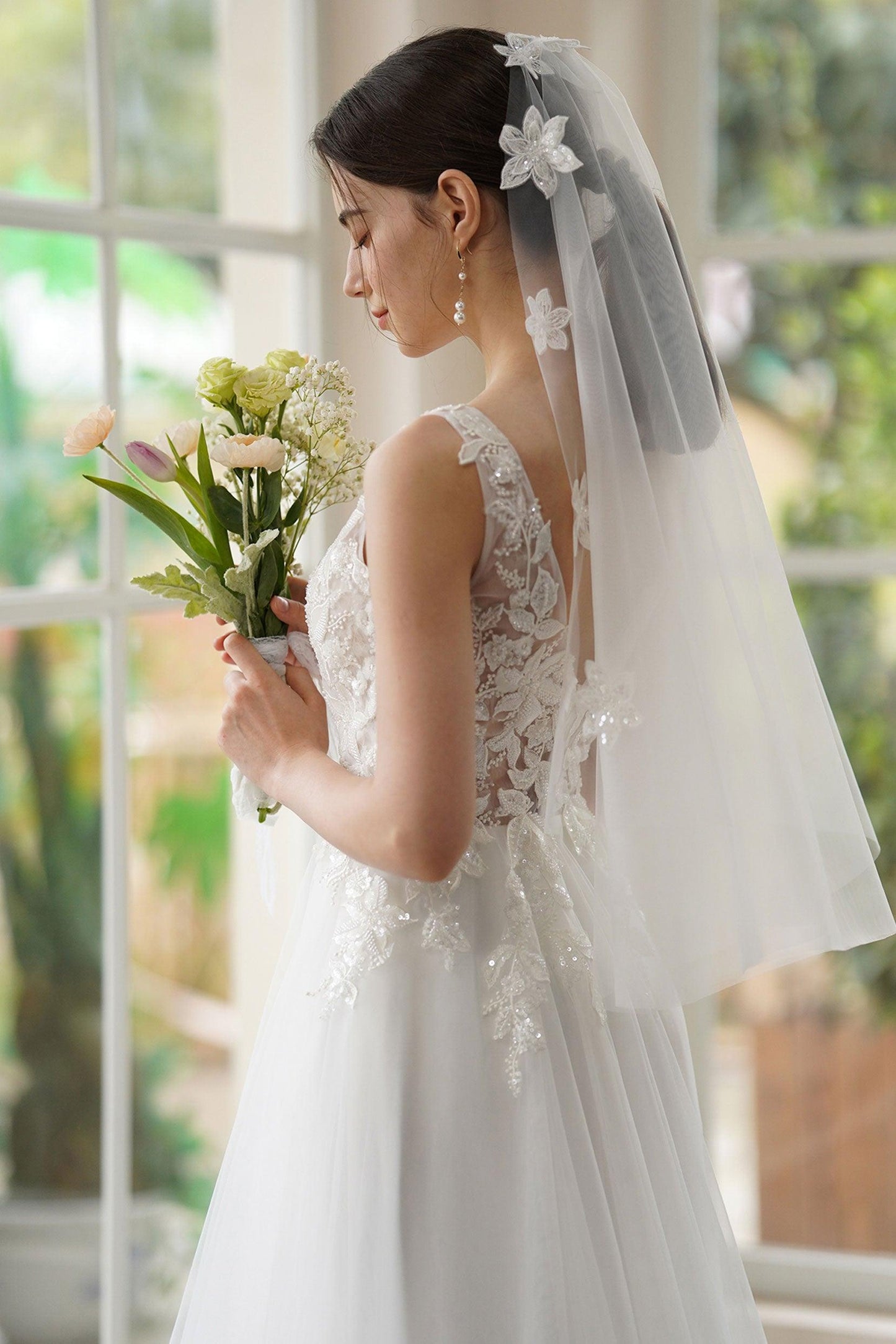 A-Line Sweep-Brush Train Lace Tulle Wedding Dress CW3306 - COCOMELODY
