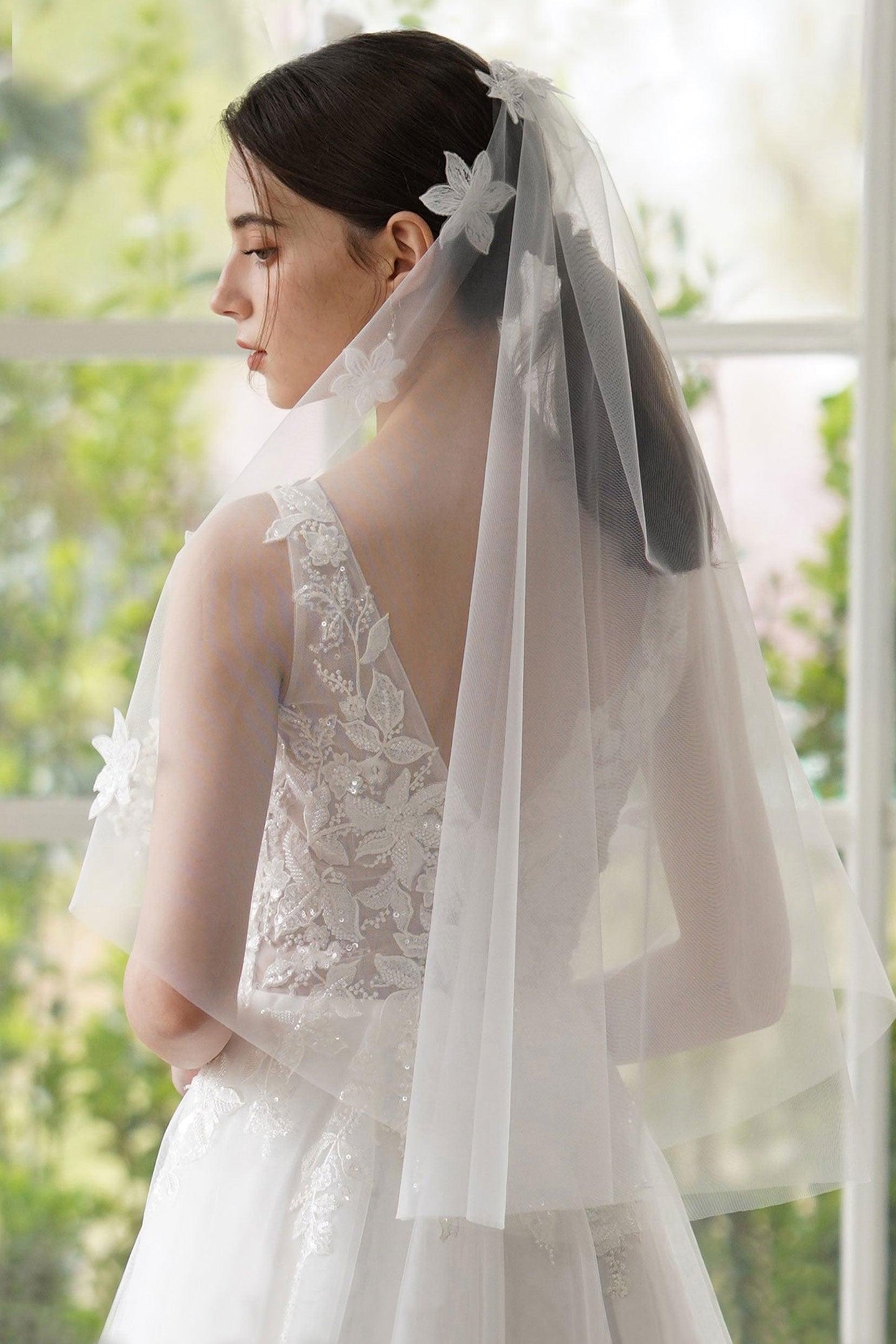 A-Line Sweep-Brush Train Lace Tulle Wedding Dress CW3306 - COCOMELODY