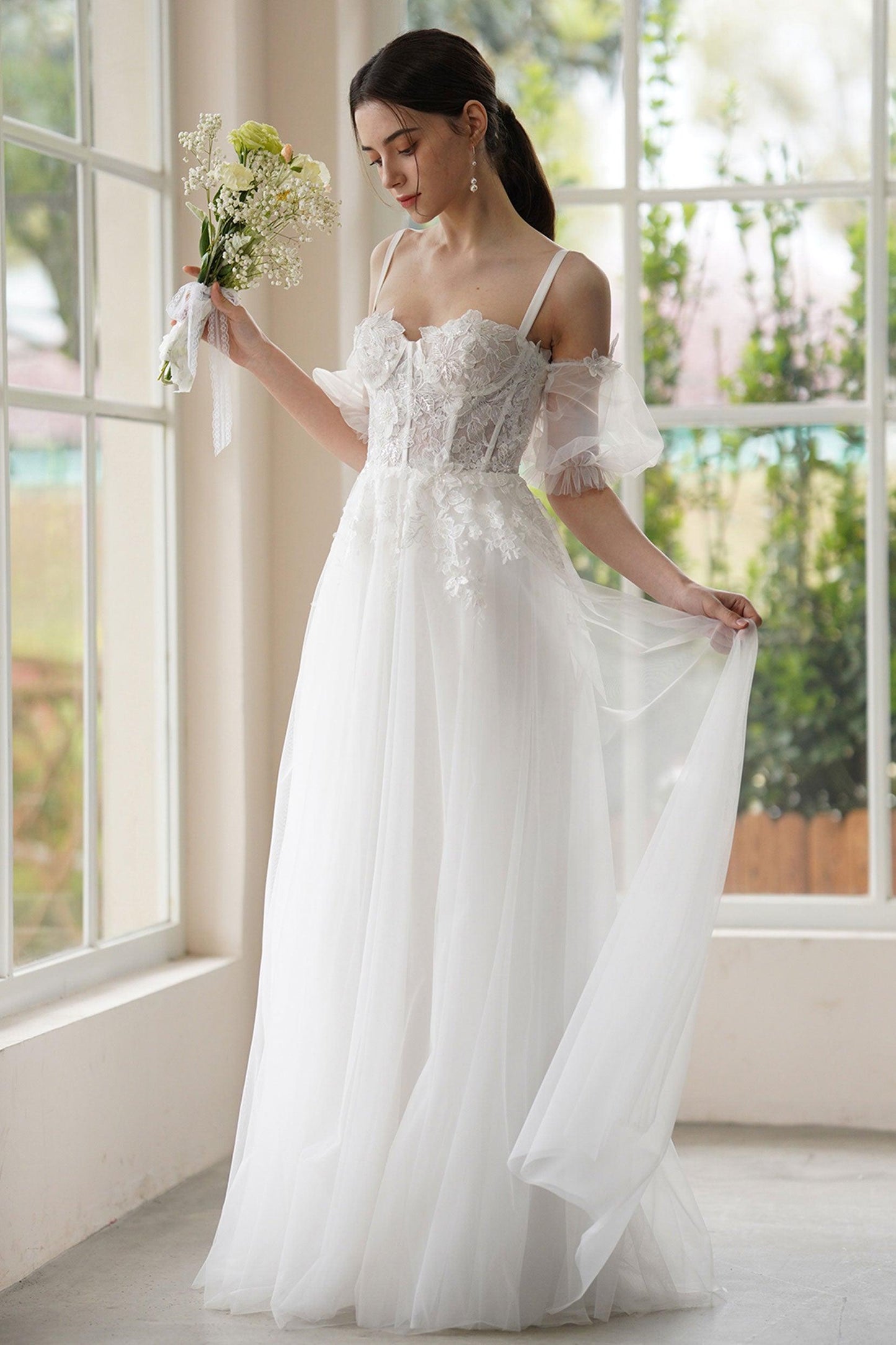 A-Line Sweep-Brush Train Lace Tulle Wedding Dress CW3307 - COCOMELODY