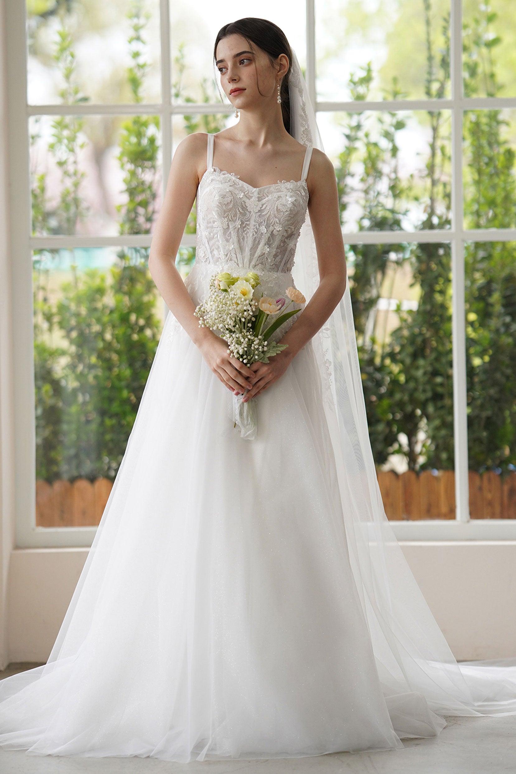 A-Line Sweep-Brush Train Lace Tulle Wedding Dress CW3308 - COCOMELODY