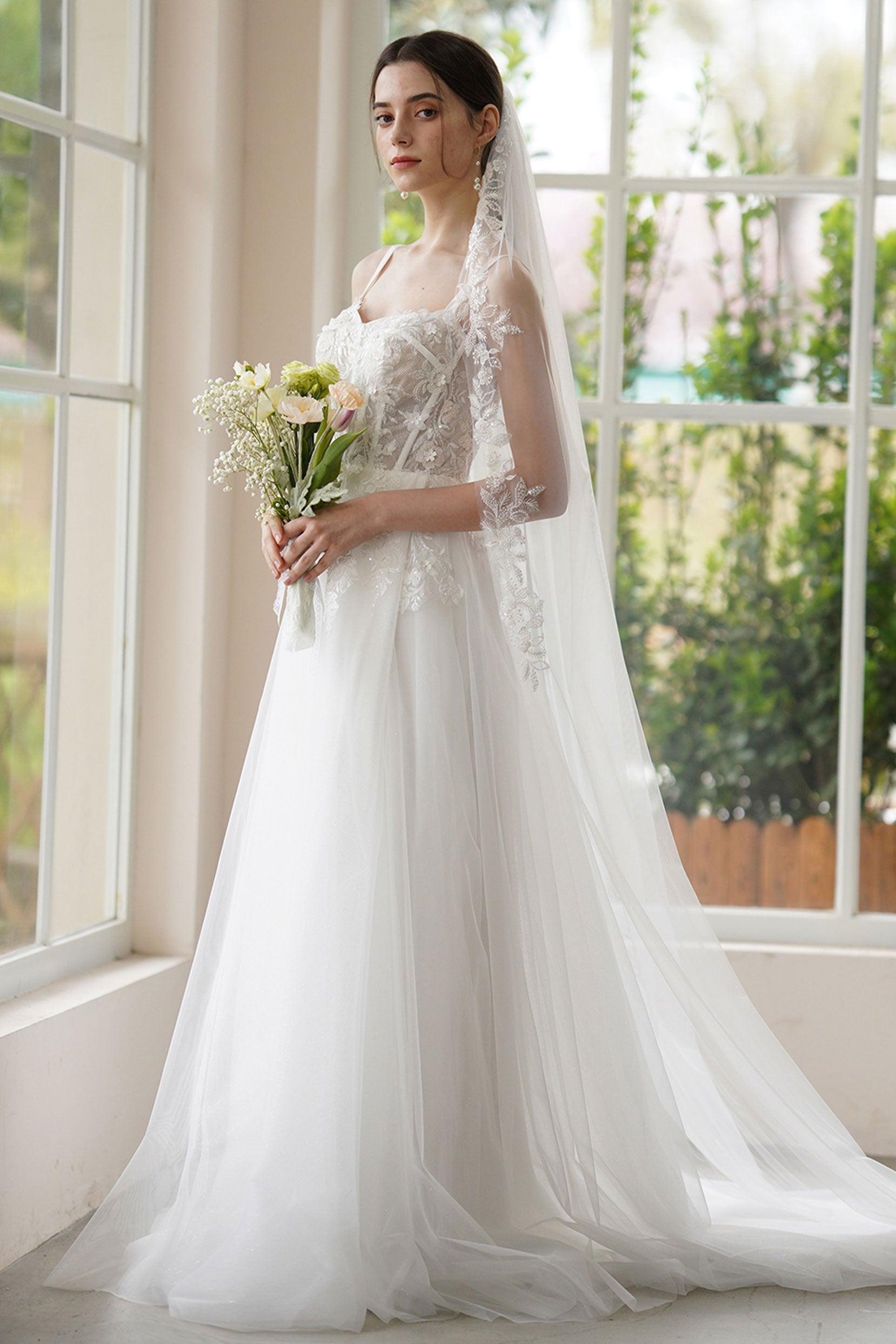 A-Line Sweep-Brush Train Lace Tulle Wedding Dress CW3308 - COCOMELODY