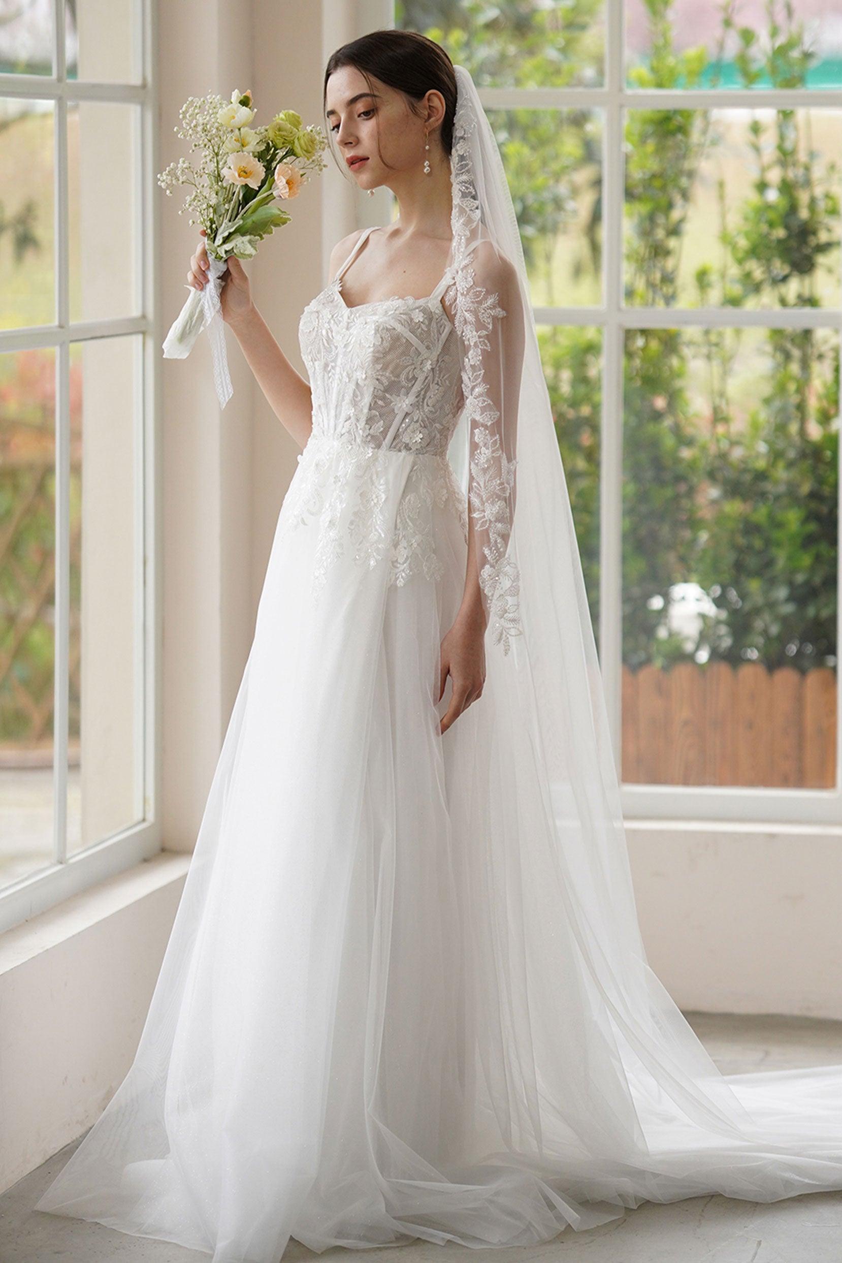 A-Line Sweep-Brush Train Lace Tulle Wedding Dress CW3308 - COCOMELODY