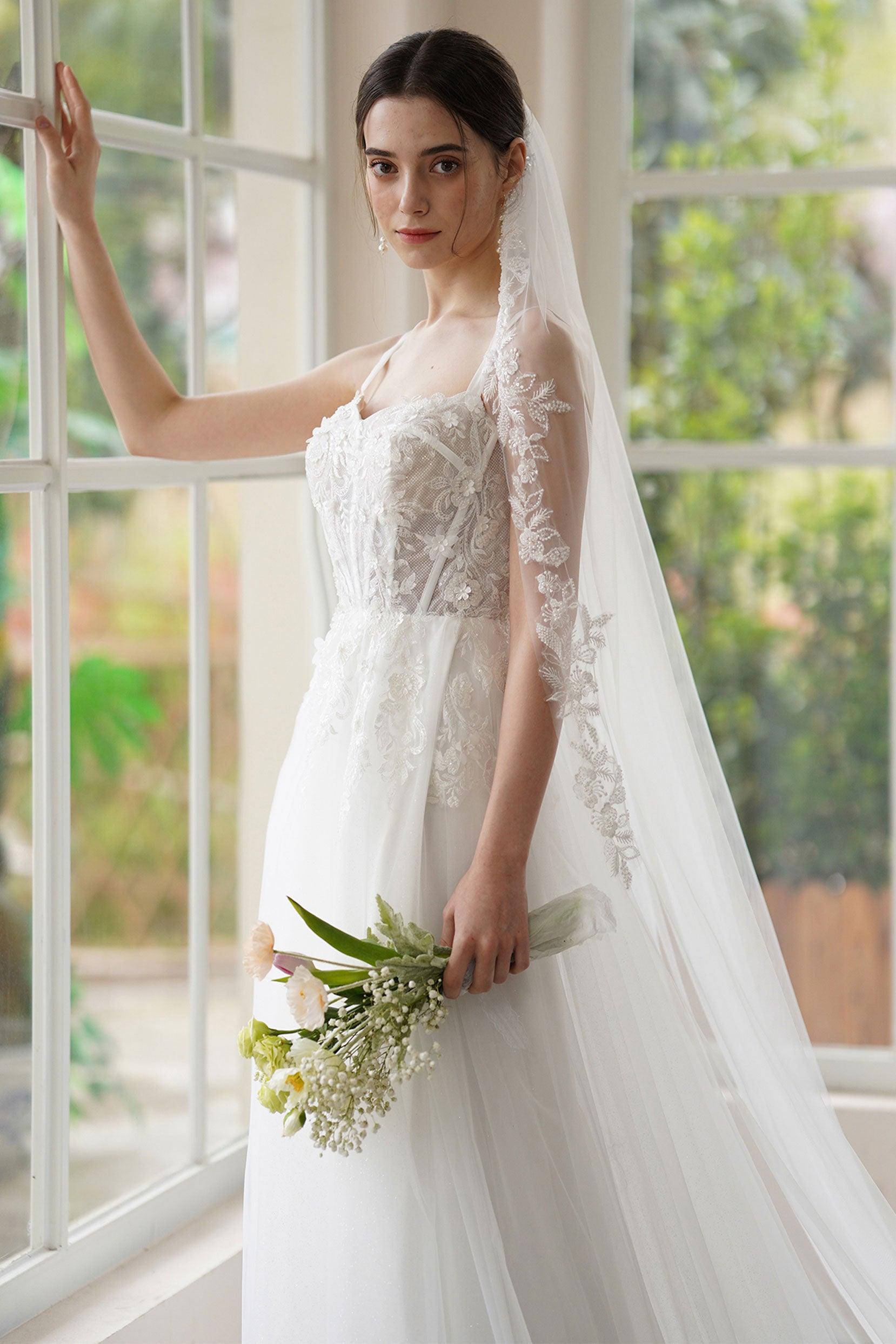 A-Line Sweep-Brush Train Lace Tulle Wedding Dress CW3308 - COCOMELODY
