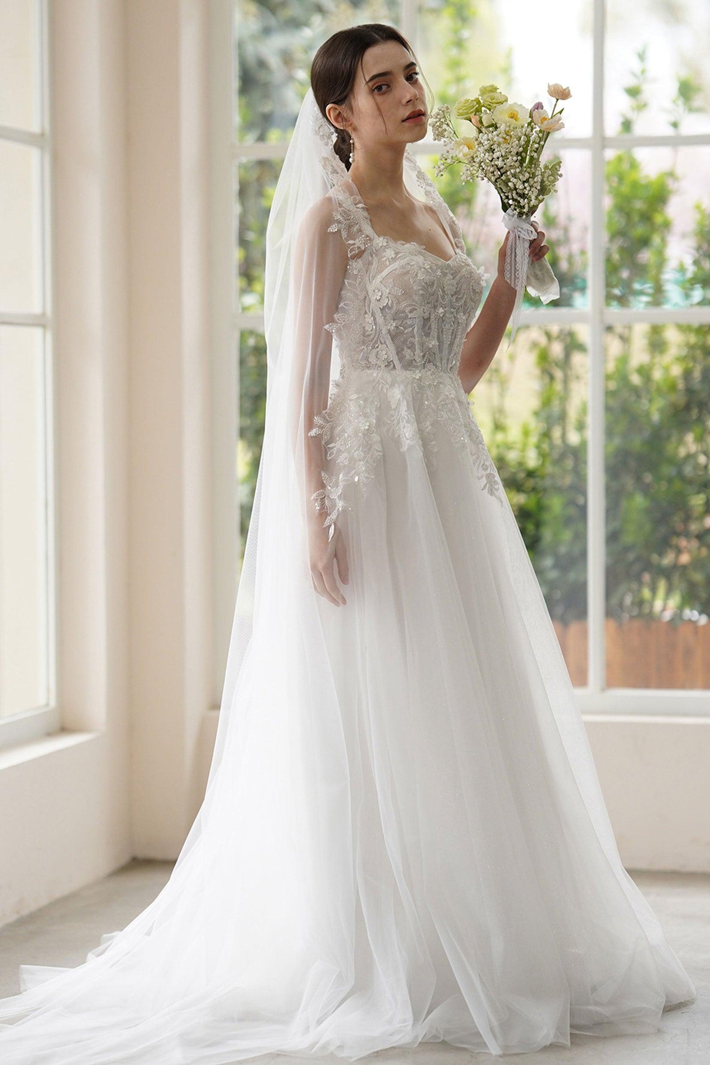 A-Line Sweep-Brush Train Lace Tulle Wedding Dress CW3308 - COCOMELODY