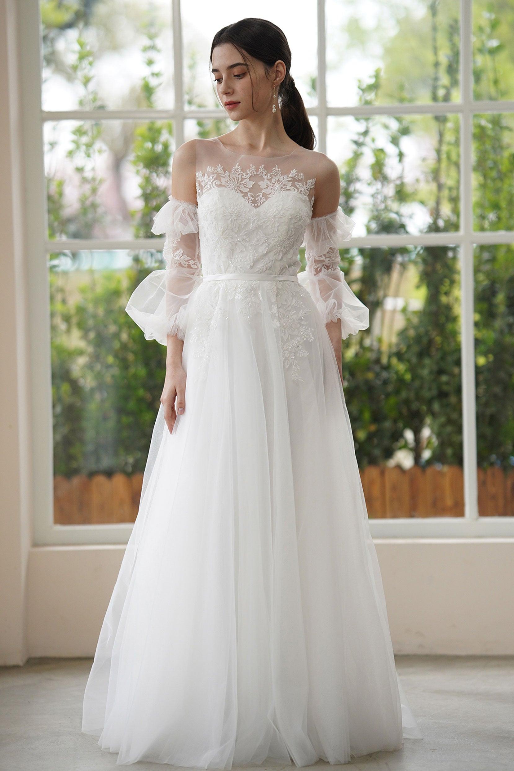 A-Line Sweep-Brush Train Lace Tulle Wedding Dress CW3309 - COCOMELODY