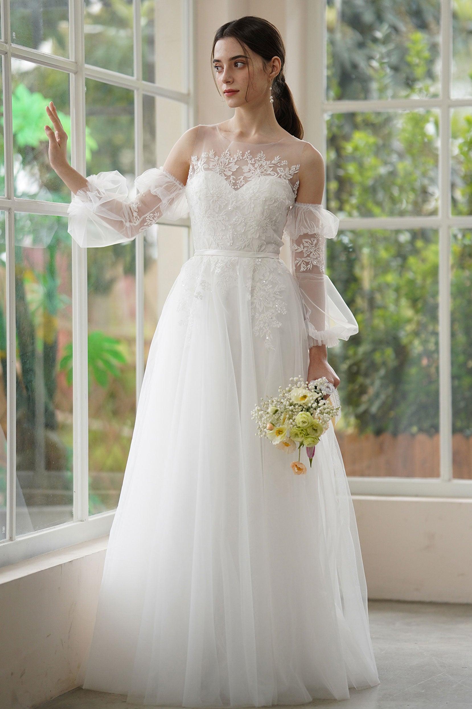 A-Line Sweep-Brush Train Lace Tulle Wedding Dress CW3309 - COCOMELODY