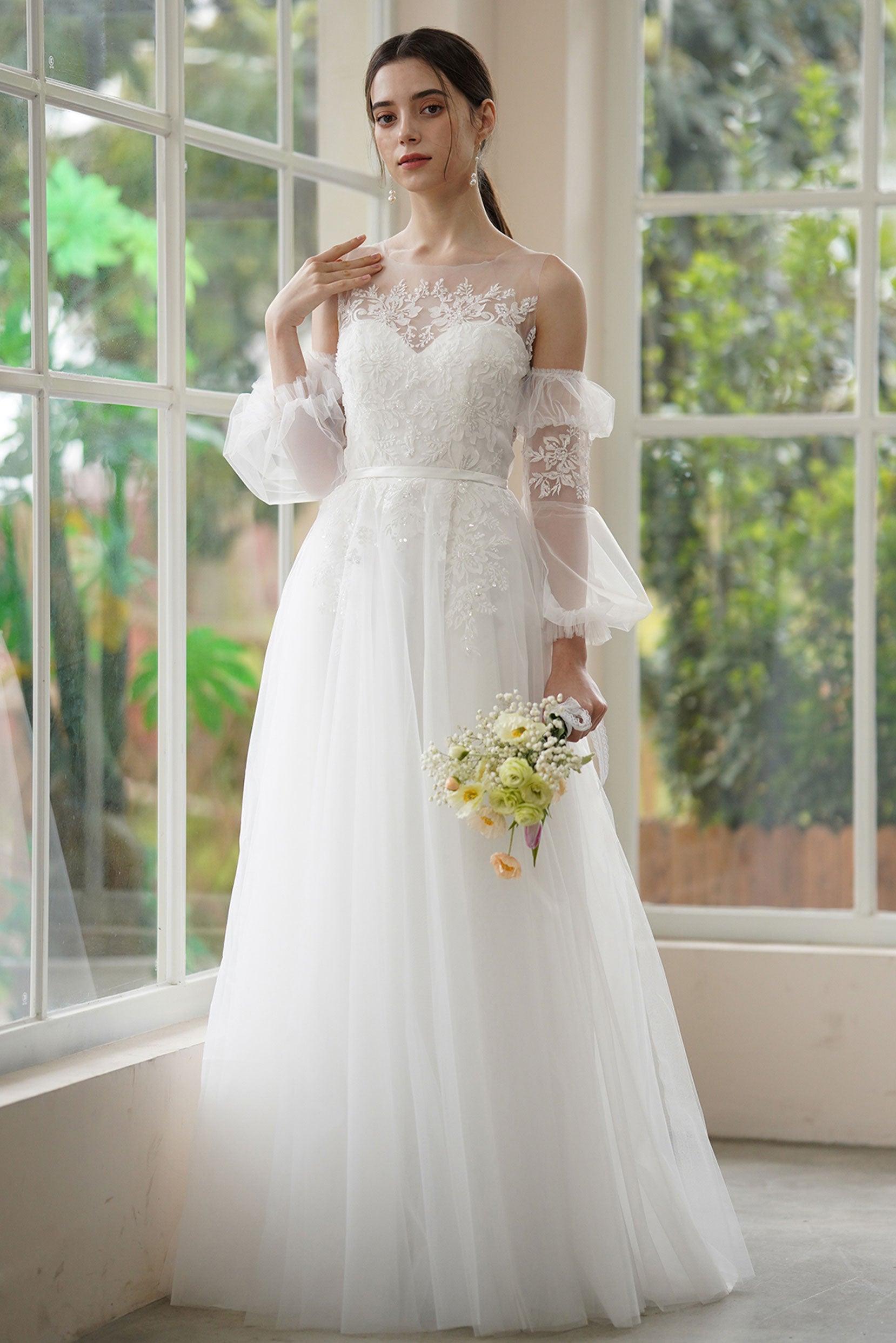 A-Line Sweep-Brush Train Lace Tulle Wedding Dress CW3309 - COCOMELODY