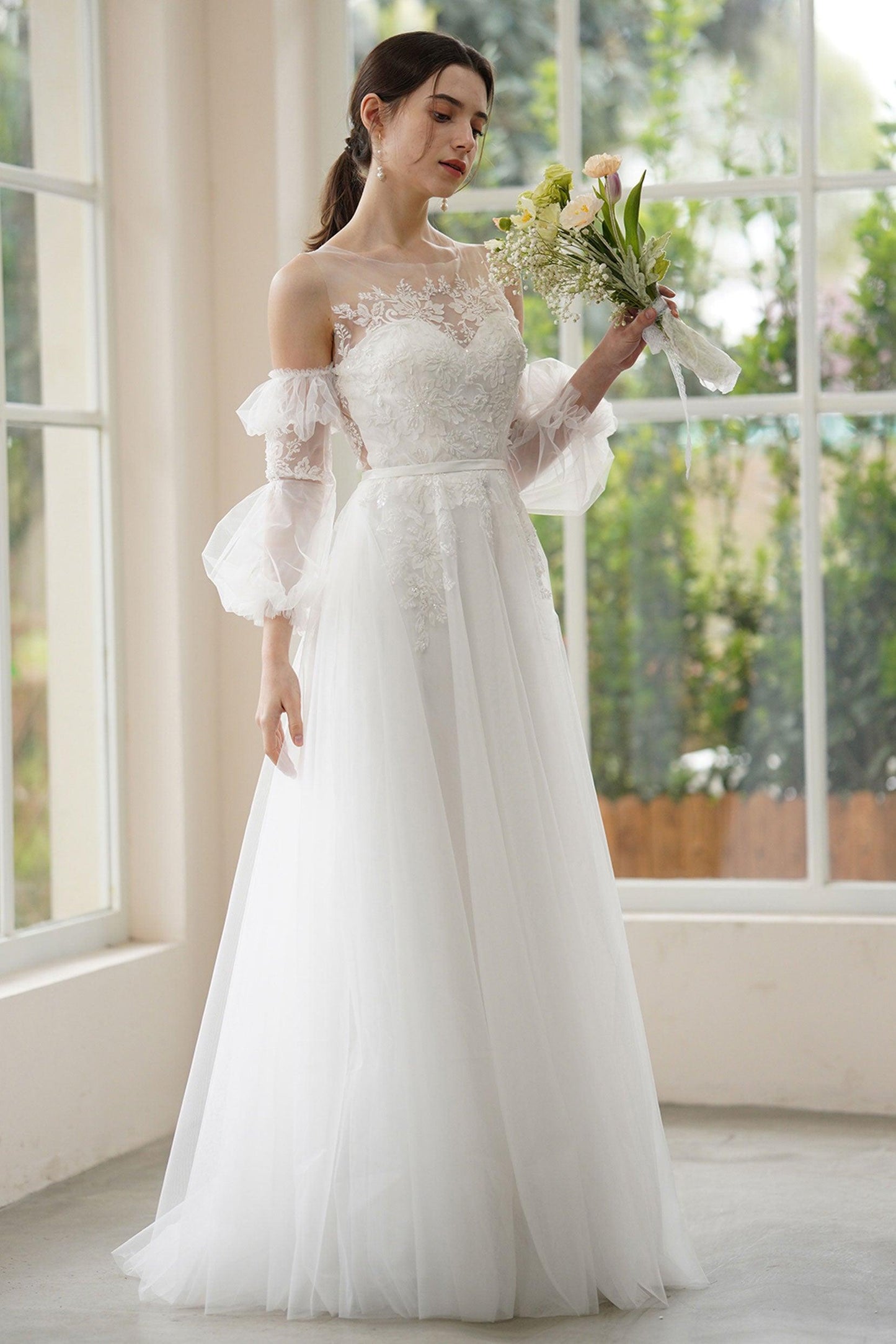 A-Line Sweep-Brush Train Lace Tulle Wedding Dress CW3309 - COCOMELODY