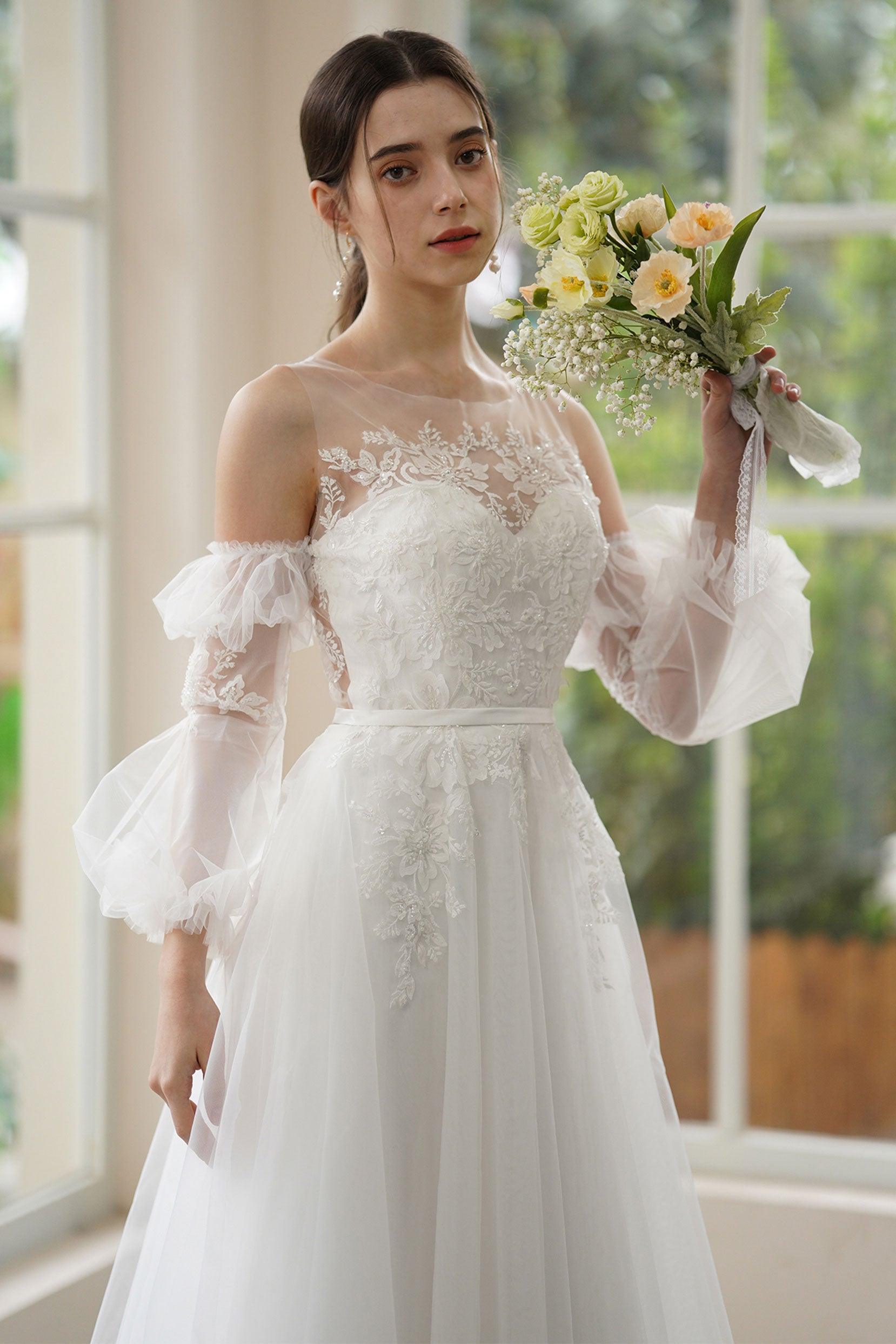 A-Line Sweep-Brush Train Lace Tulle Wedding Dress CW3309 - COCOMELODY