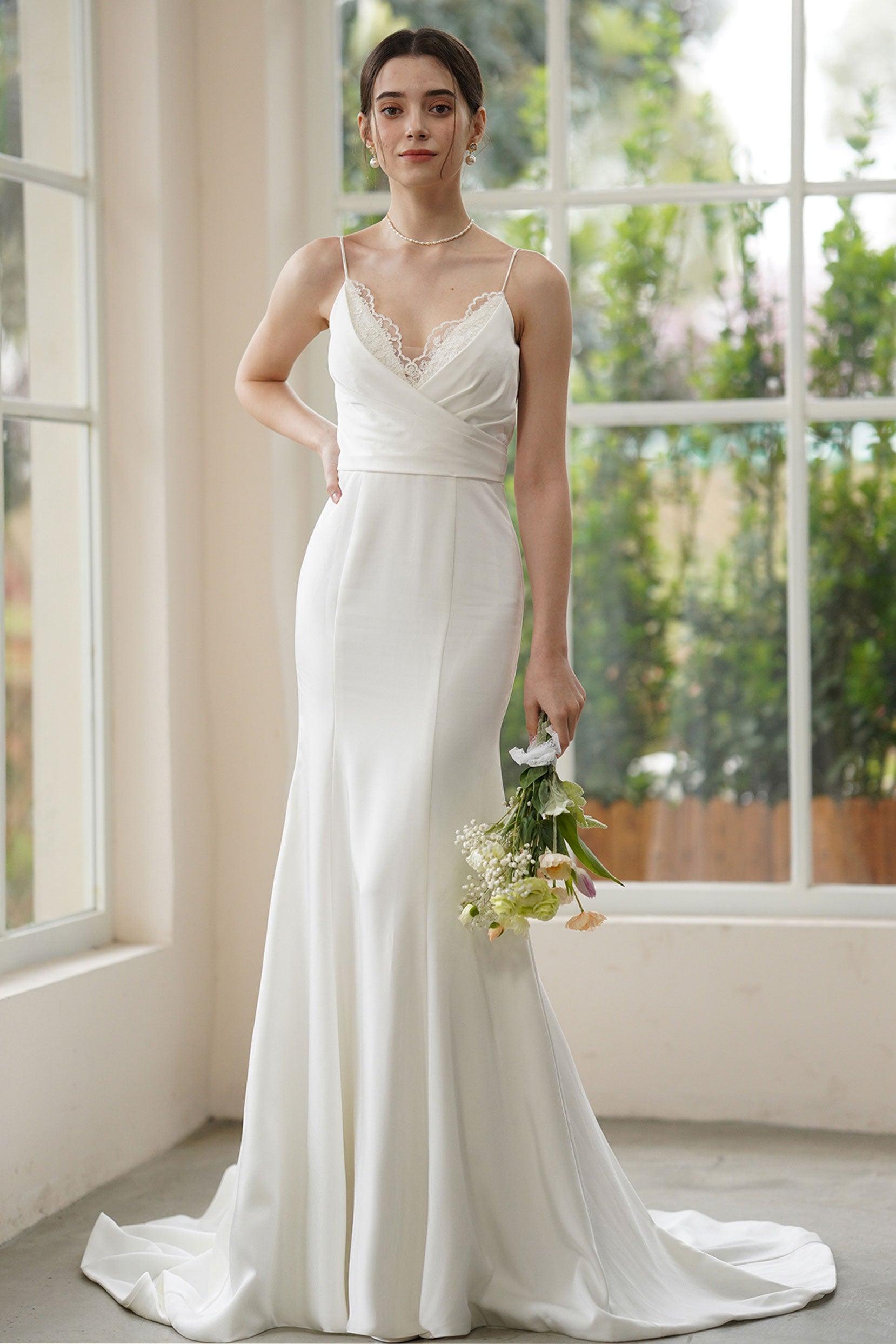 Trumpet-Mermaid Sweep-Brush Train Stretch Satin Wedding Dress CW3310 - COCOMELODY