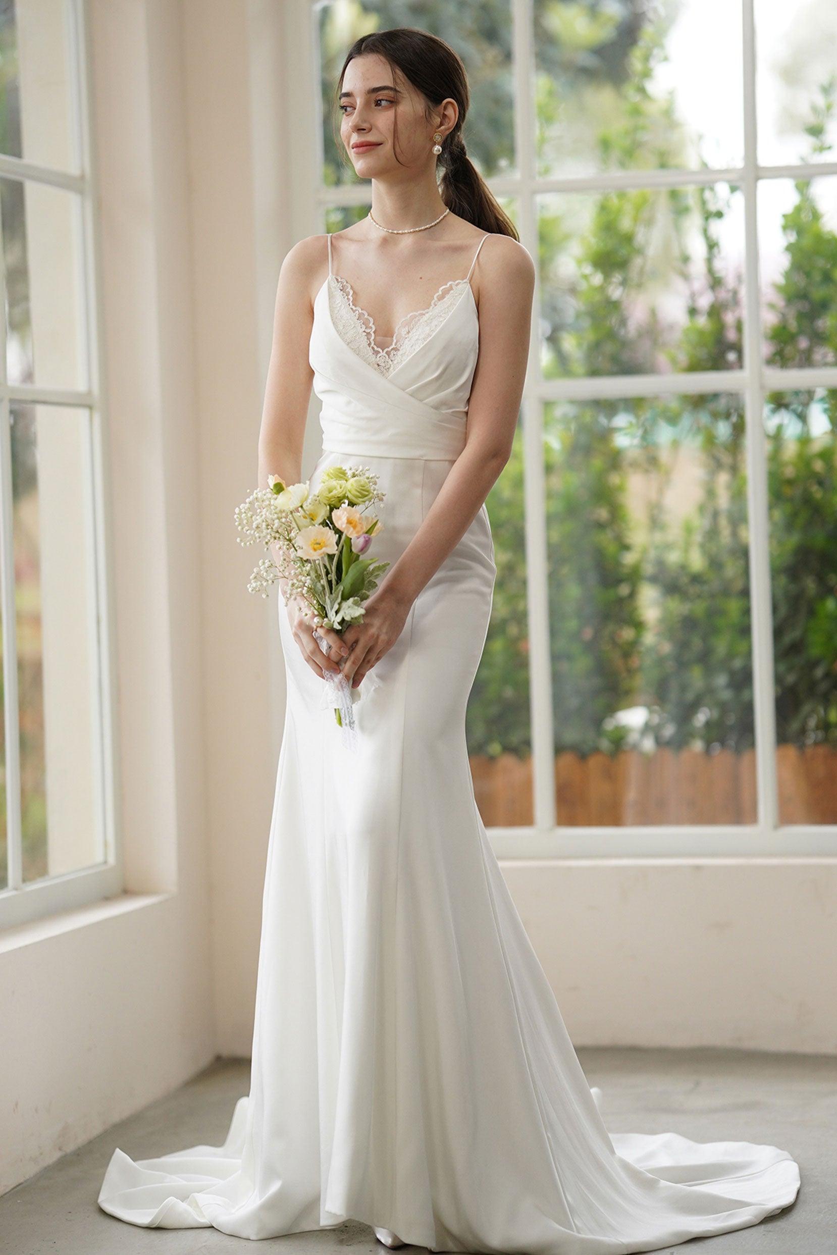 Trumpet-Mermaid Sweep-Brush Train Stretch Satin Wedding Dress CW3310 - COCOMELODY